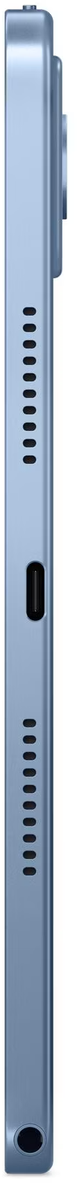 Világoskék okostelefon oldalszögből, hangszórórácsokkal és USB-C porttal.