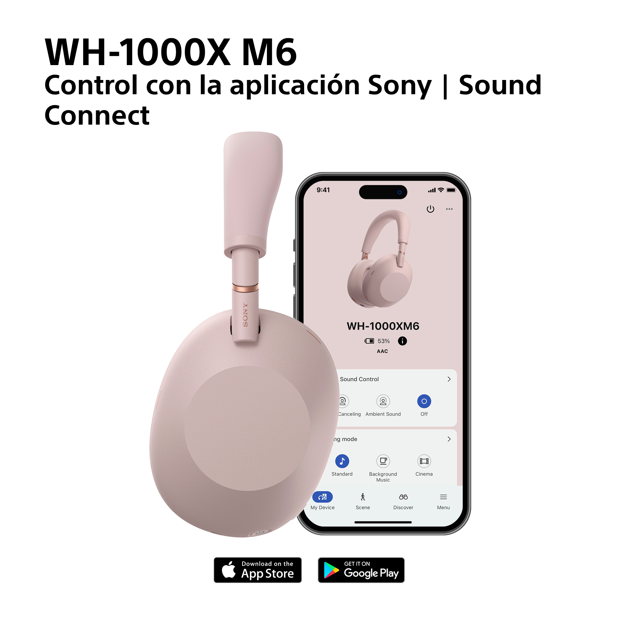 Auriculares rosa Sony WH-1000XM6 junto a un smartphone con la app Sony Sound Connect.