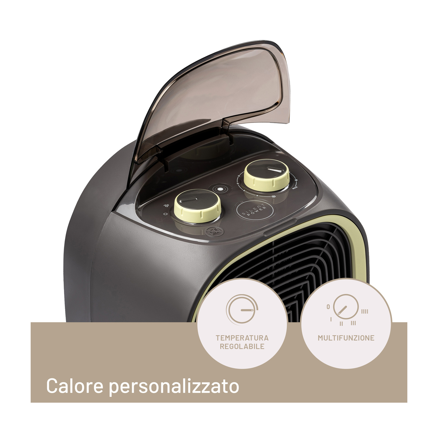 Termoventilatore grigio con manopole gialle, coperchio fumè aperto e due icone circolari delle funzioni.