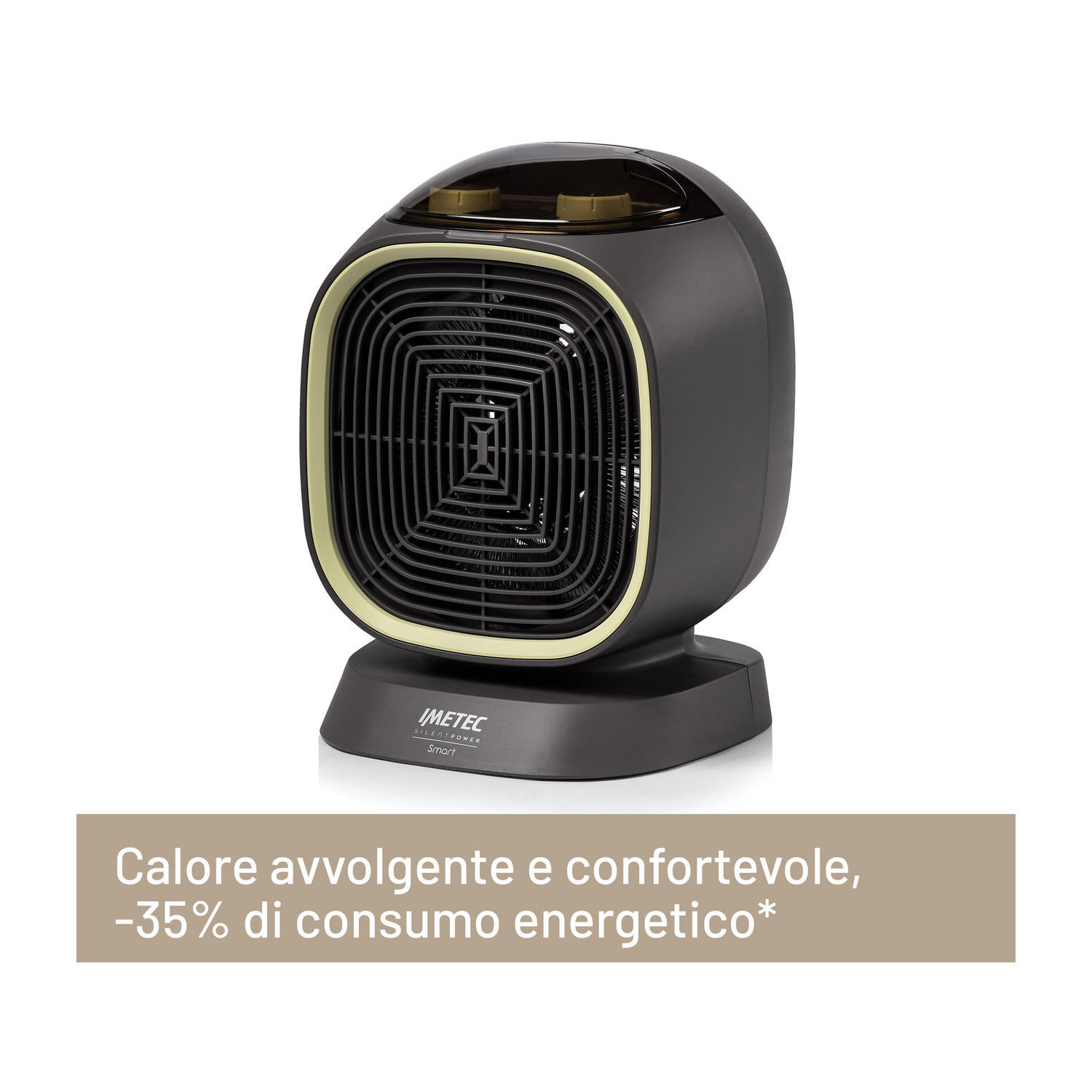 Termoventilatore elettrico compatto Imetec nero e oro su sfondo bianco con testo promozionale in italiano.