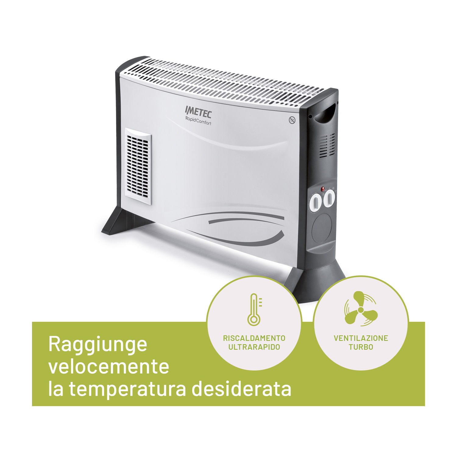 Termoventilatore Imetec Rapid Comfort bianco e nero su fondo bianco con testo promozionale e icone.