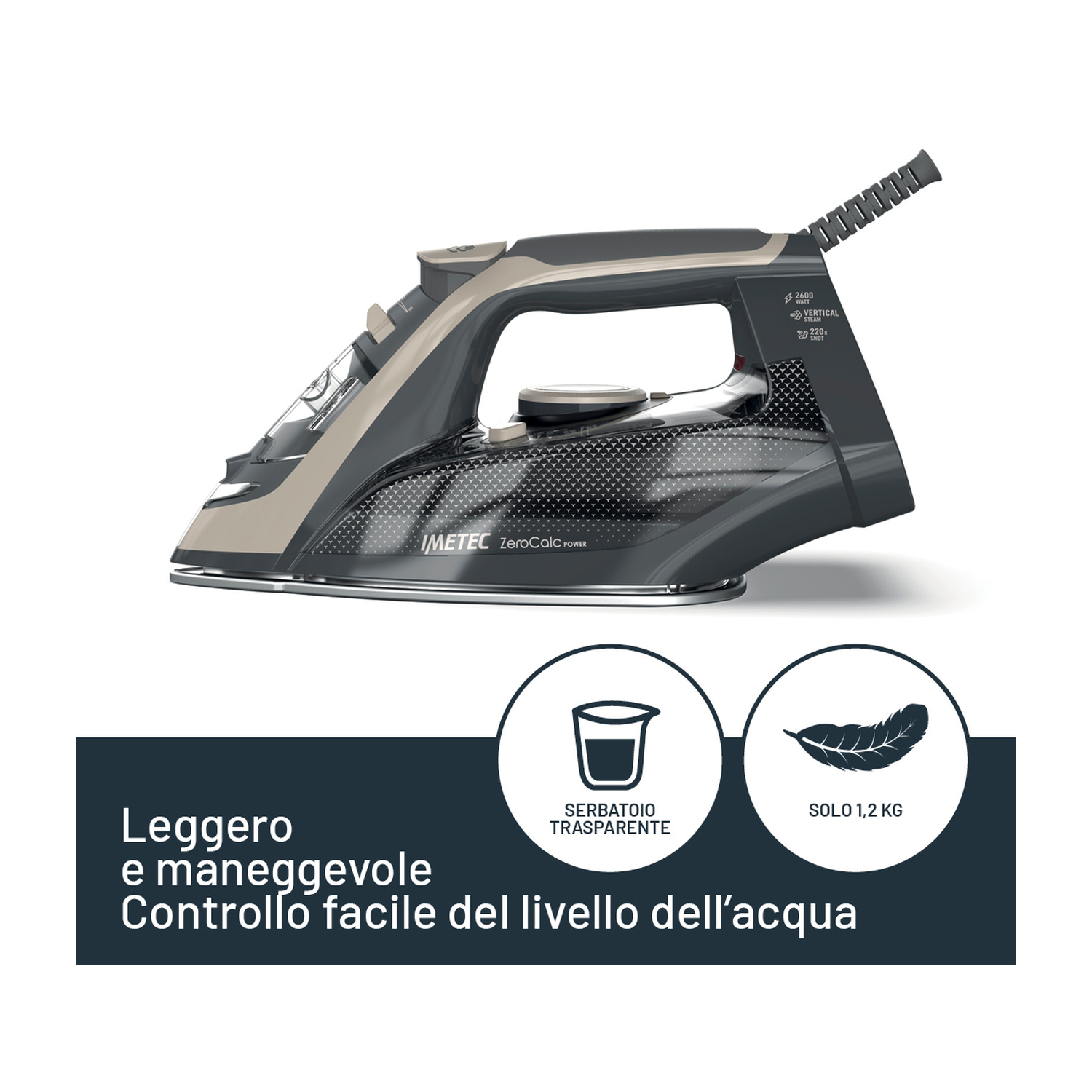 Ferro da stiro Imetec grigio scuro con testo e due icone per serbatoio e peso.