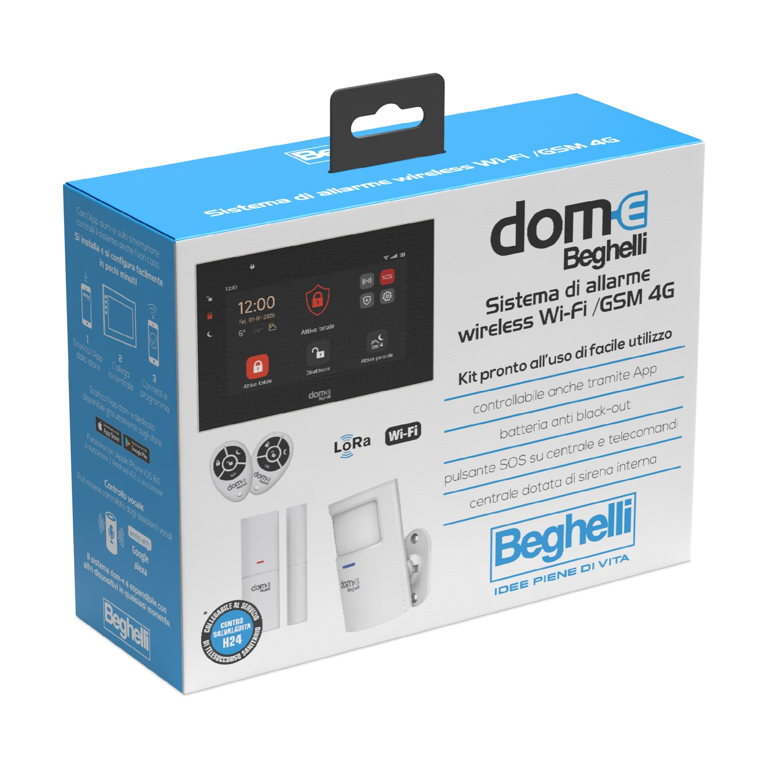 Scatola blu del sistema d'allarme wireless Wi-Fi e GSM Beghelli con display touch e accessori.