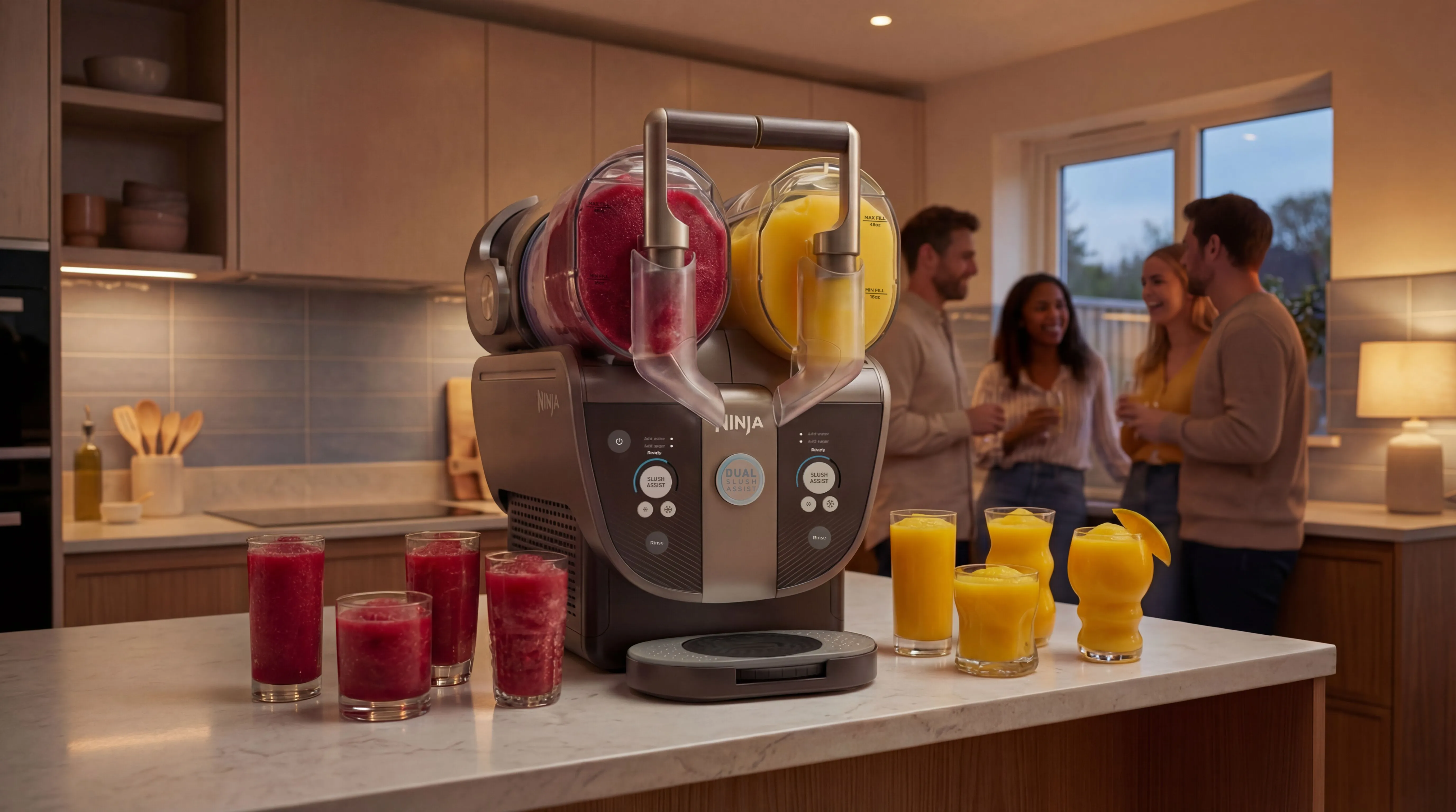 Eine Ninja-Slush-Maschine auf einer Küchentheke mit roten und gelben Getränken. Im Hintergrund unterhalten sich Personen.