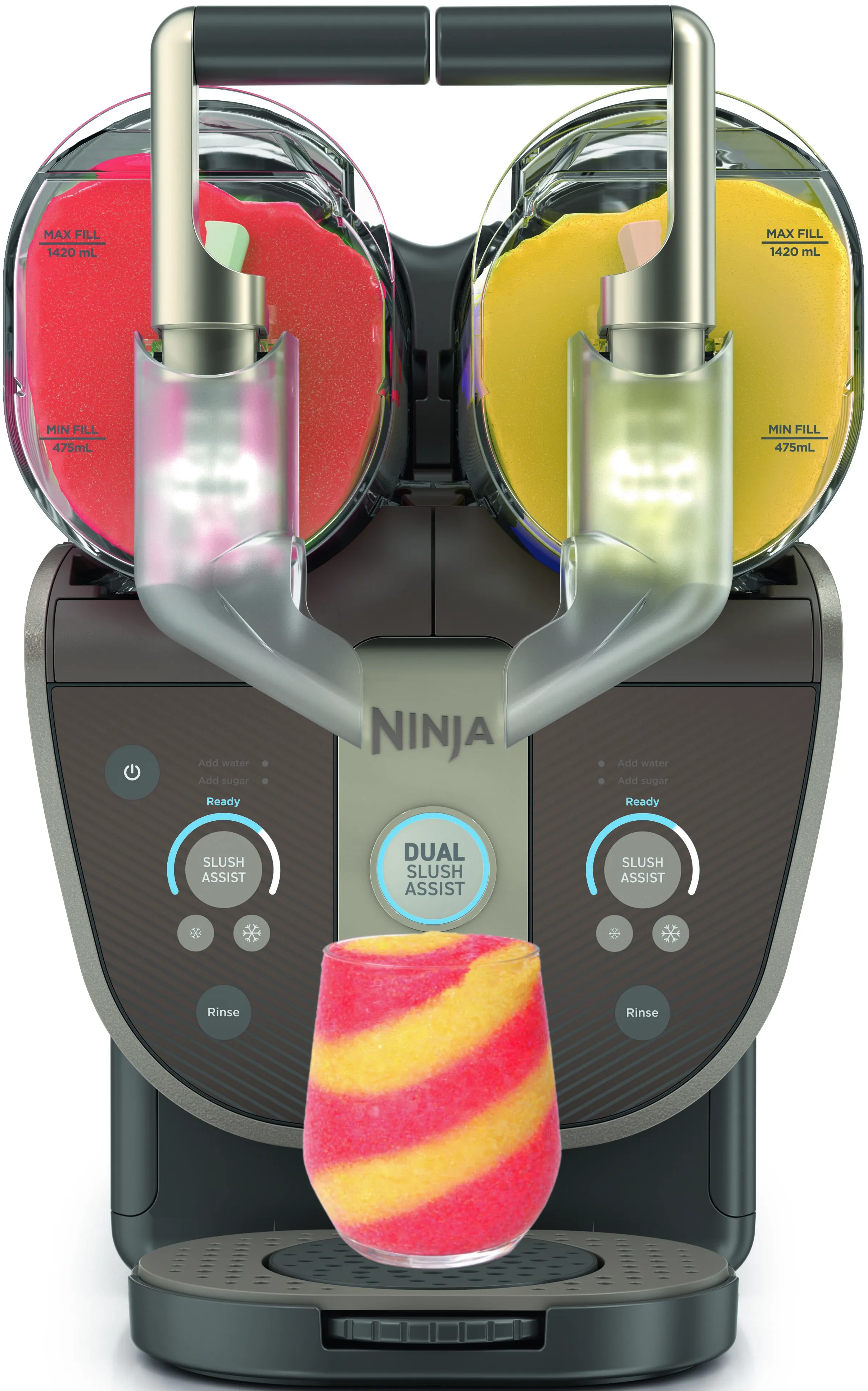 Eine Ninja Dual-Slush-Eismaschine mit roten und gelben Getränken und einem Glas mit geschichtetem Slush davor.