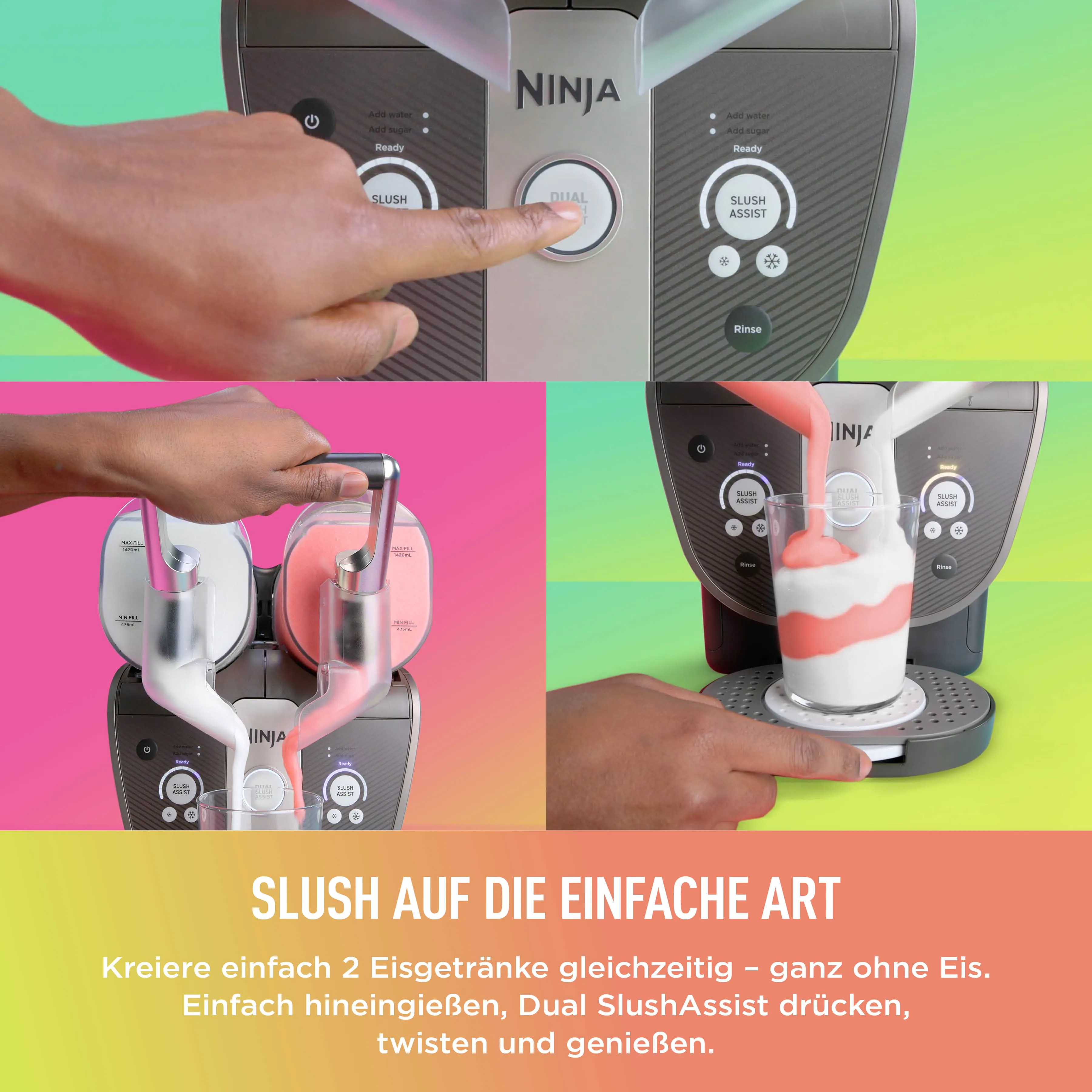 Hand bedient Ninja Slush-Maschine, gießt Getränke ein und drückt Tasten.