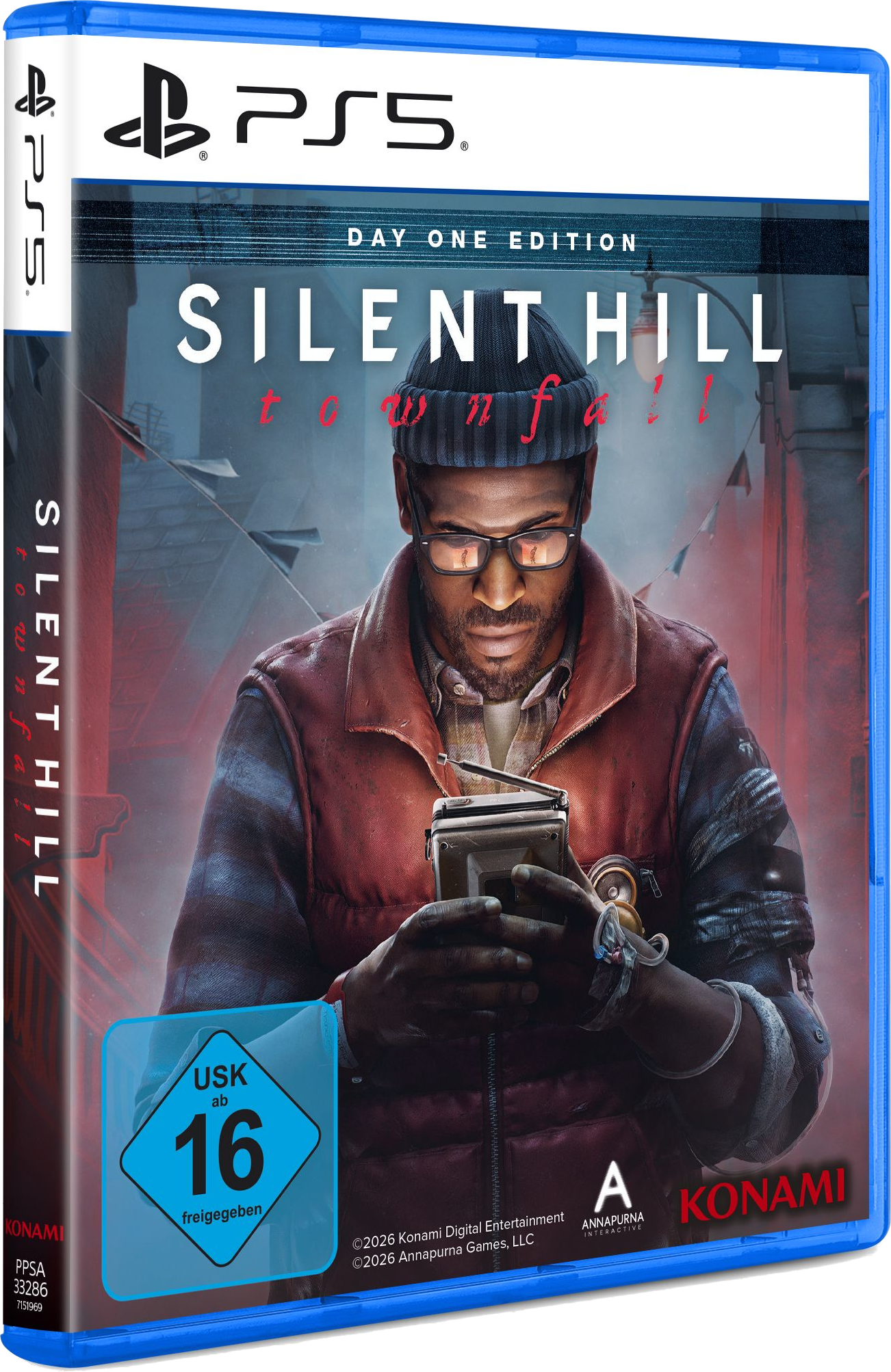 PS5-Spielhülle von Silent Hill Townfall mit einem Mann im roten Weste, der ein Funkgerät hält.