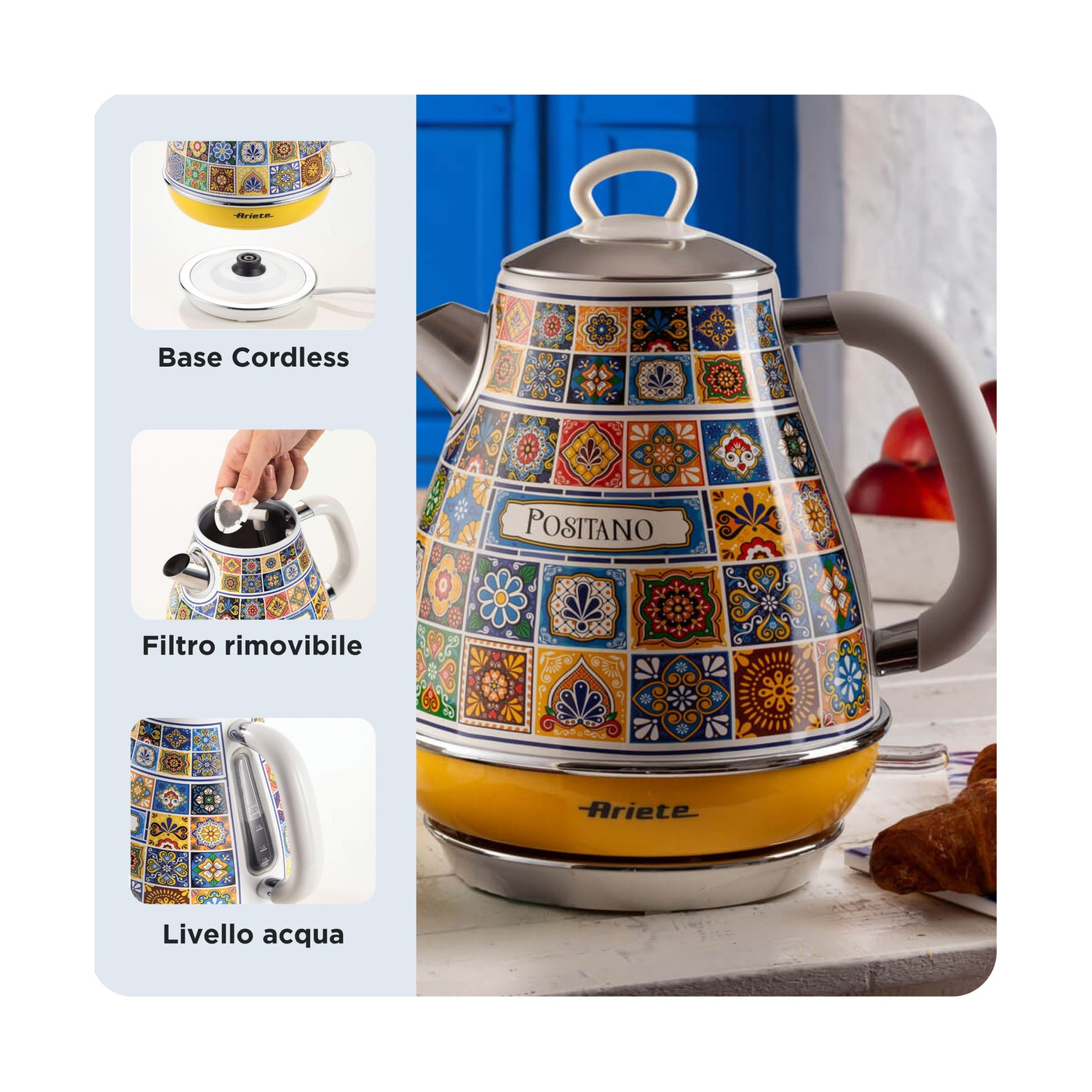 Bollitore colorato Ariete Positano con motivi, base senza fili, filtro e livello dell'acqua.