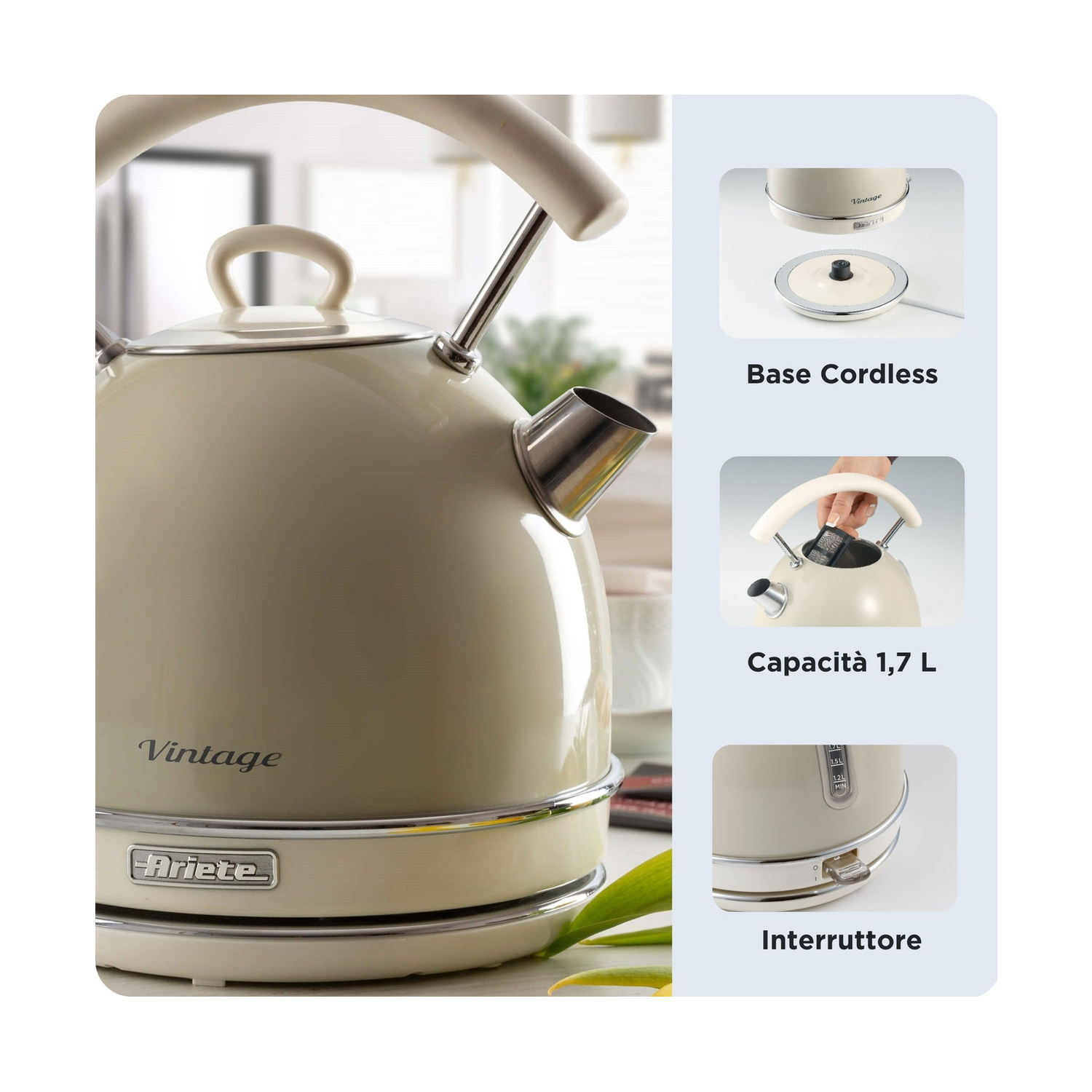 Bollitore Ariete Vintage beige con base cordless, capacità 1,7L e interruttore.