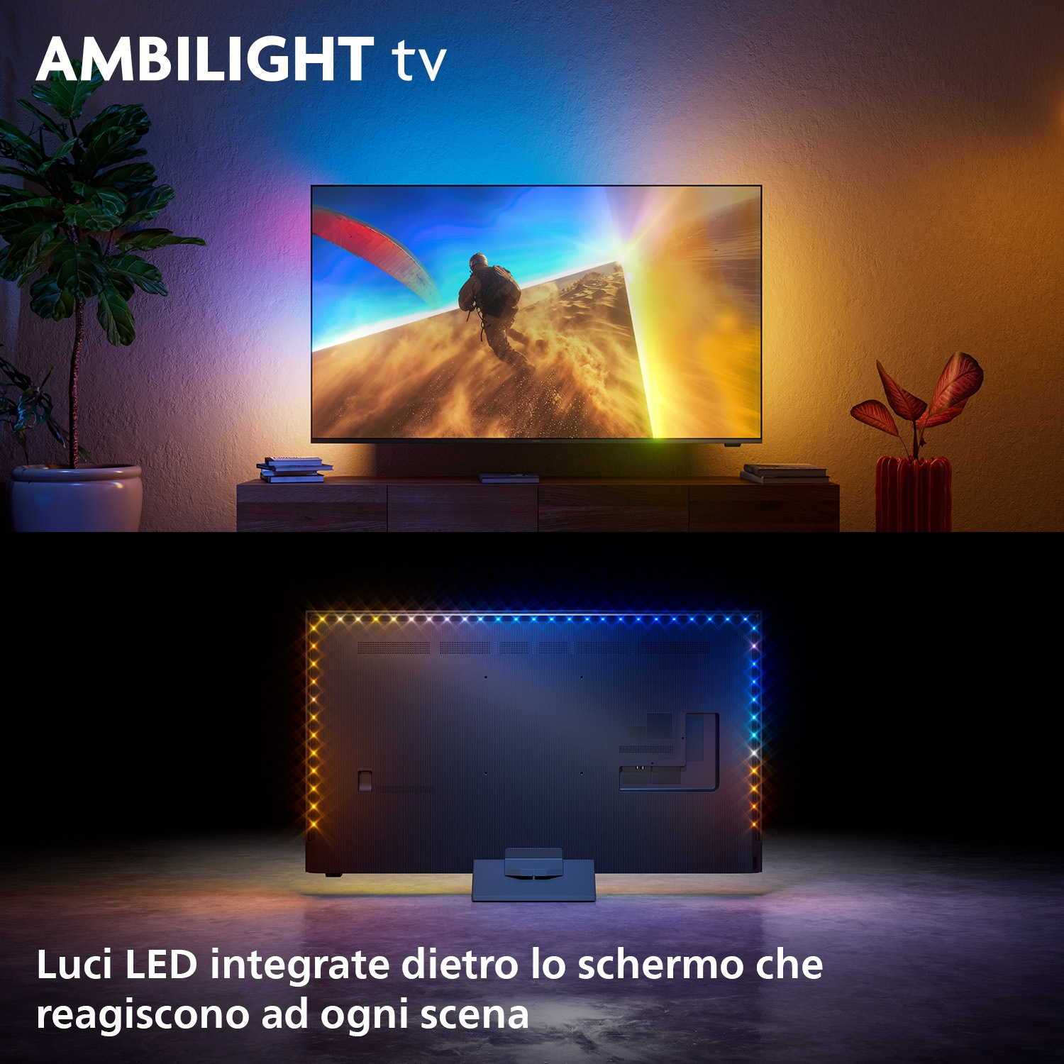 Televisore Ambilight con luci LED posteriori che reagiscono ai colori della scena sullo schermo.