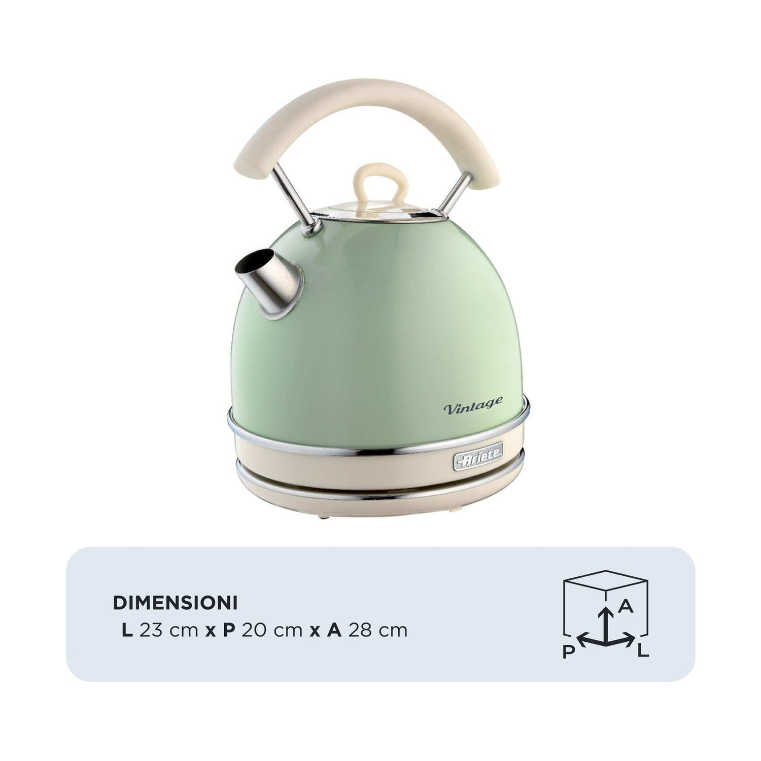 Bollitore vintage Ariete verde menta con dettagli beige, beccuccio argento e dimensioni.