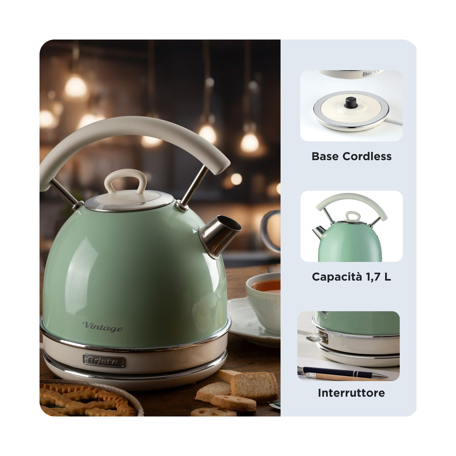 Bollitore vintage verde con dettagli di funzionamento a destra.