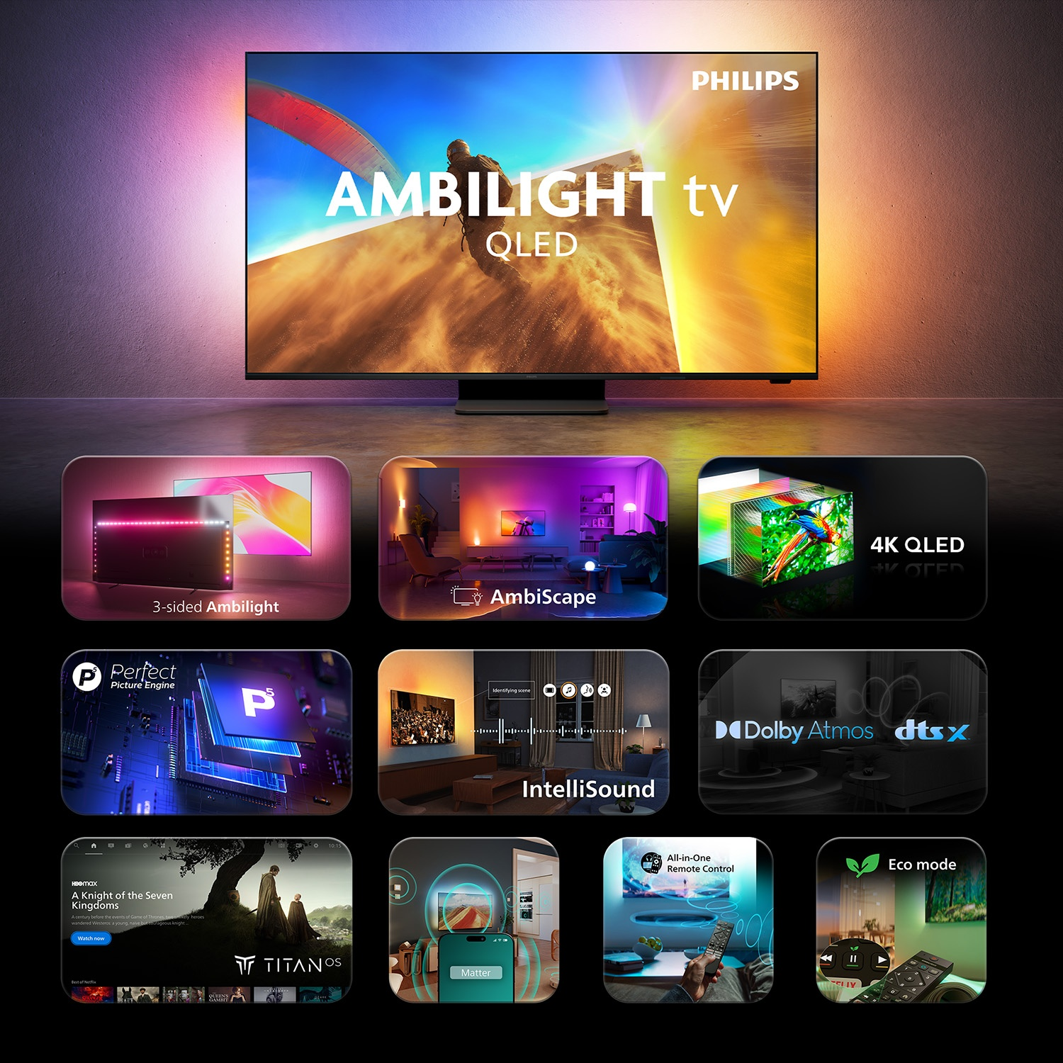 Un televisore Philips Ambilight QLED mostrato con varie immagini di funzioni sottostanti.