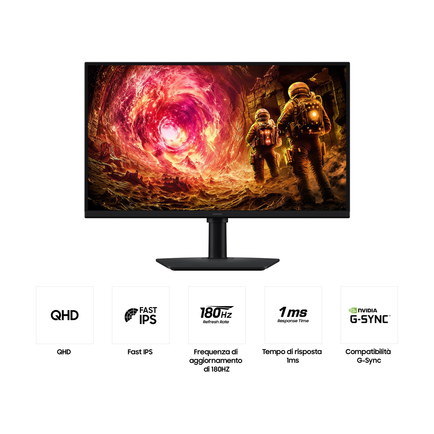 Monitor gaming Samsung con due astronauti in una scena spaziale rossa e icone per QHD, 180Hz e G-Sync.