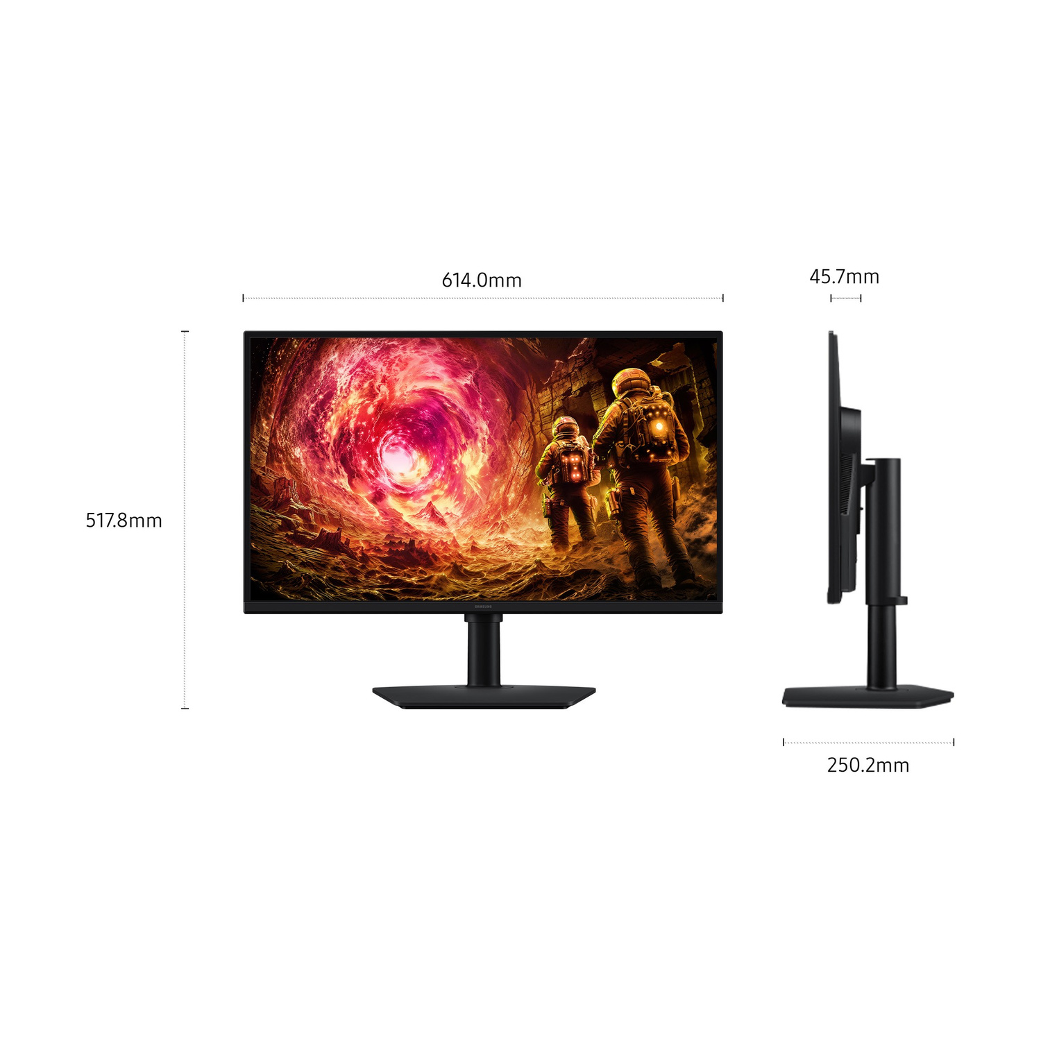 Monitor nero con astronauti sullo schermo e dimensioni indicate in millimetri.