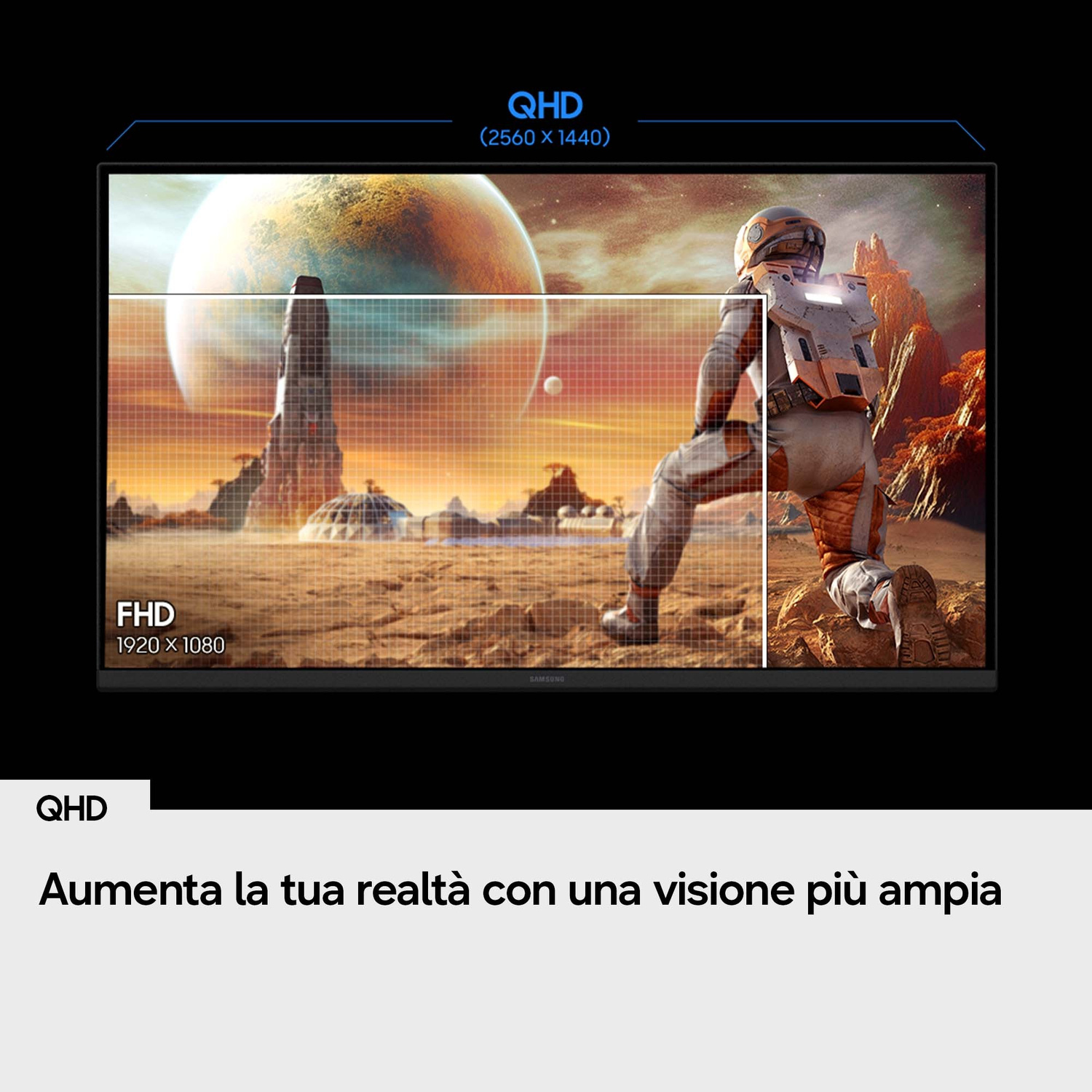 Schermo che mostra il confronto tra la risoluzione QHD e FHD con un astronauta.
