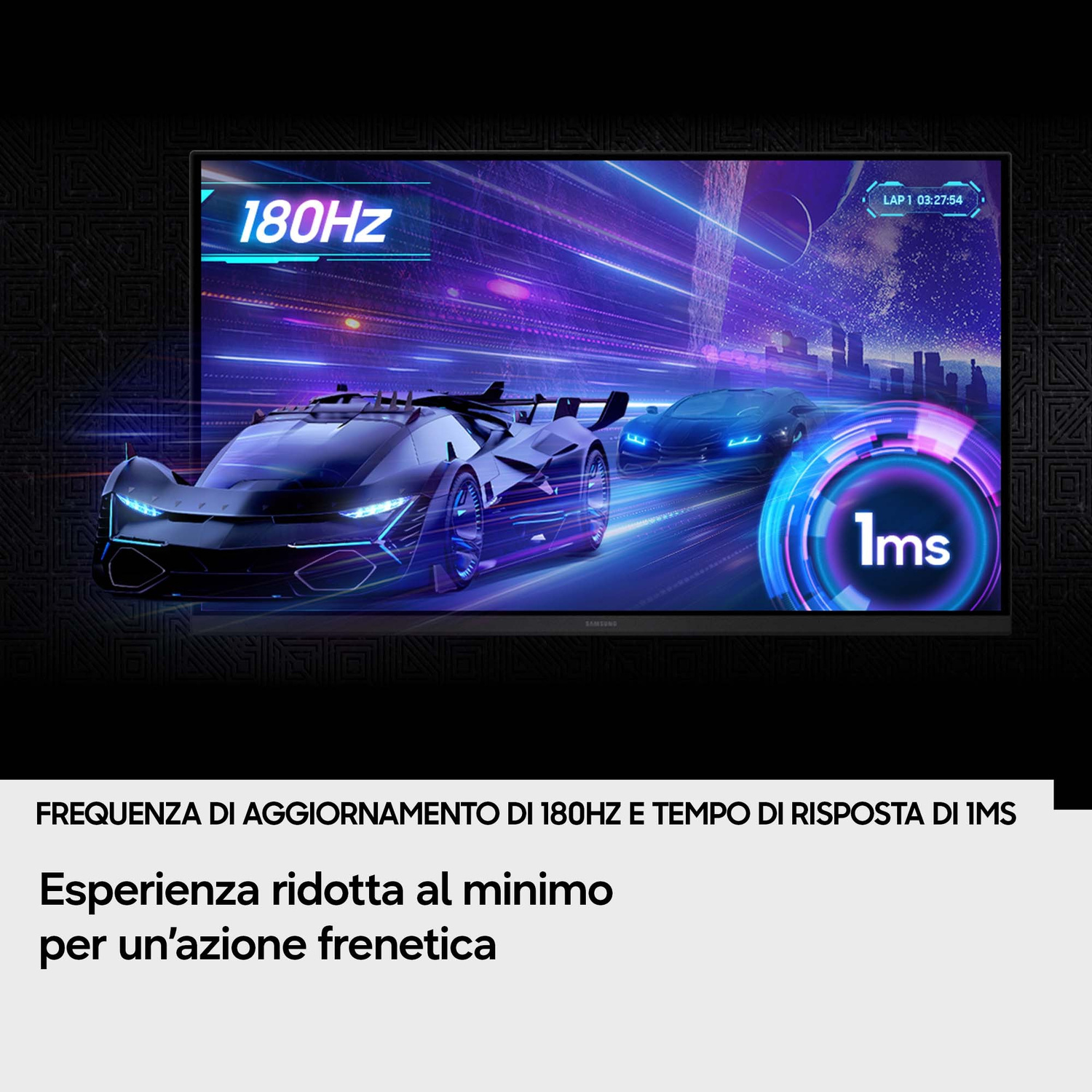 Un monitor mostra un gioco di corse con 180Hz e 1ms, con auto futuristiche su una pista luminosa.
