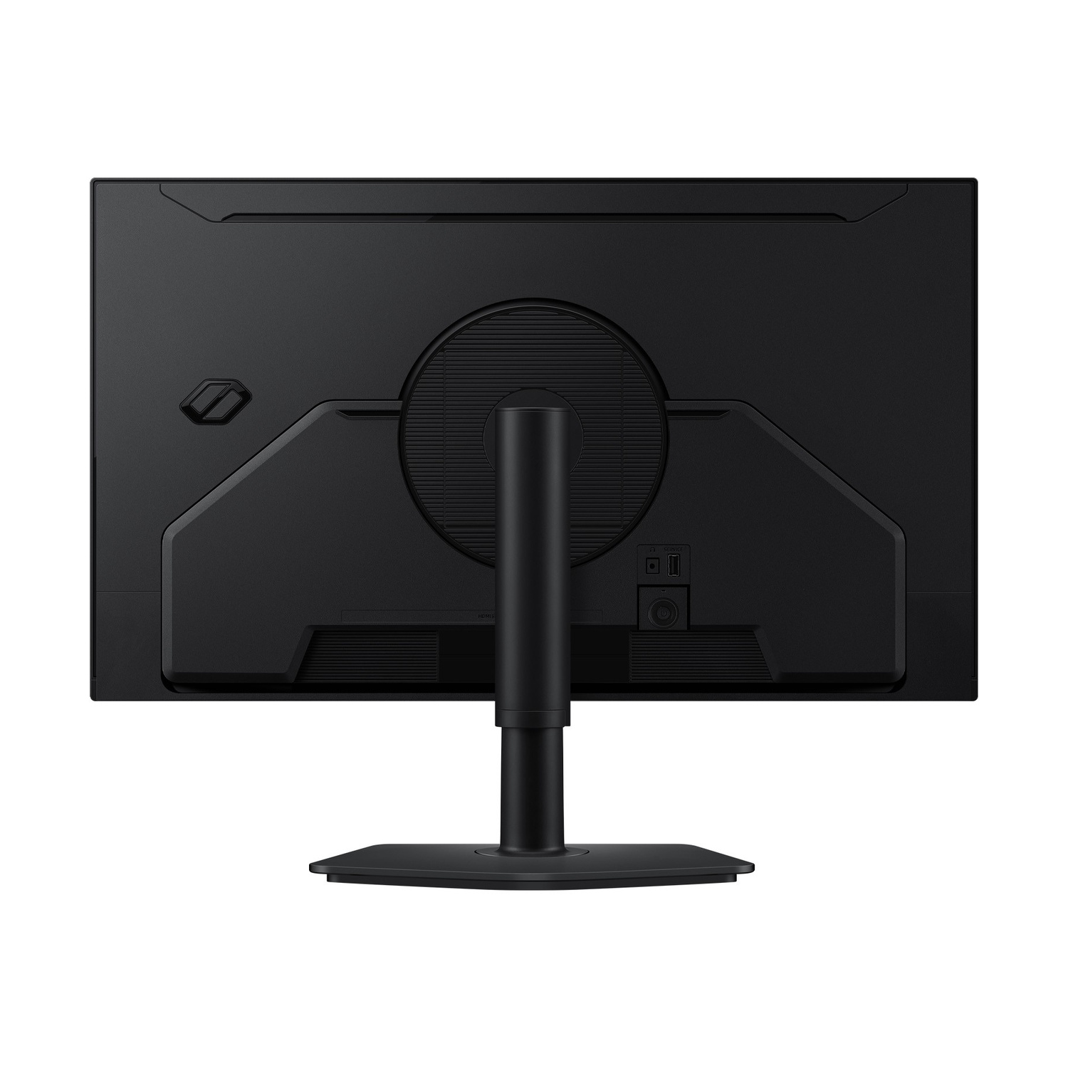 Vista posteriore di un monitor nero con supporto su sfondo bianco.