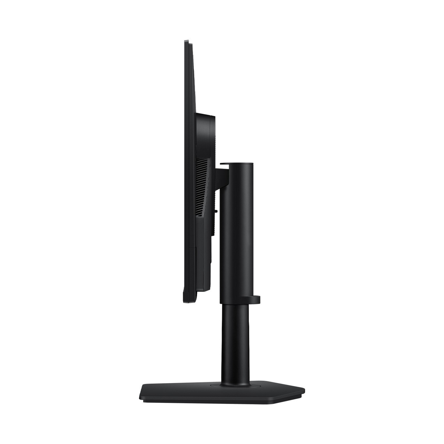 Vista laterale di un monitor nero su supporto regolabile.