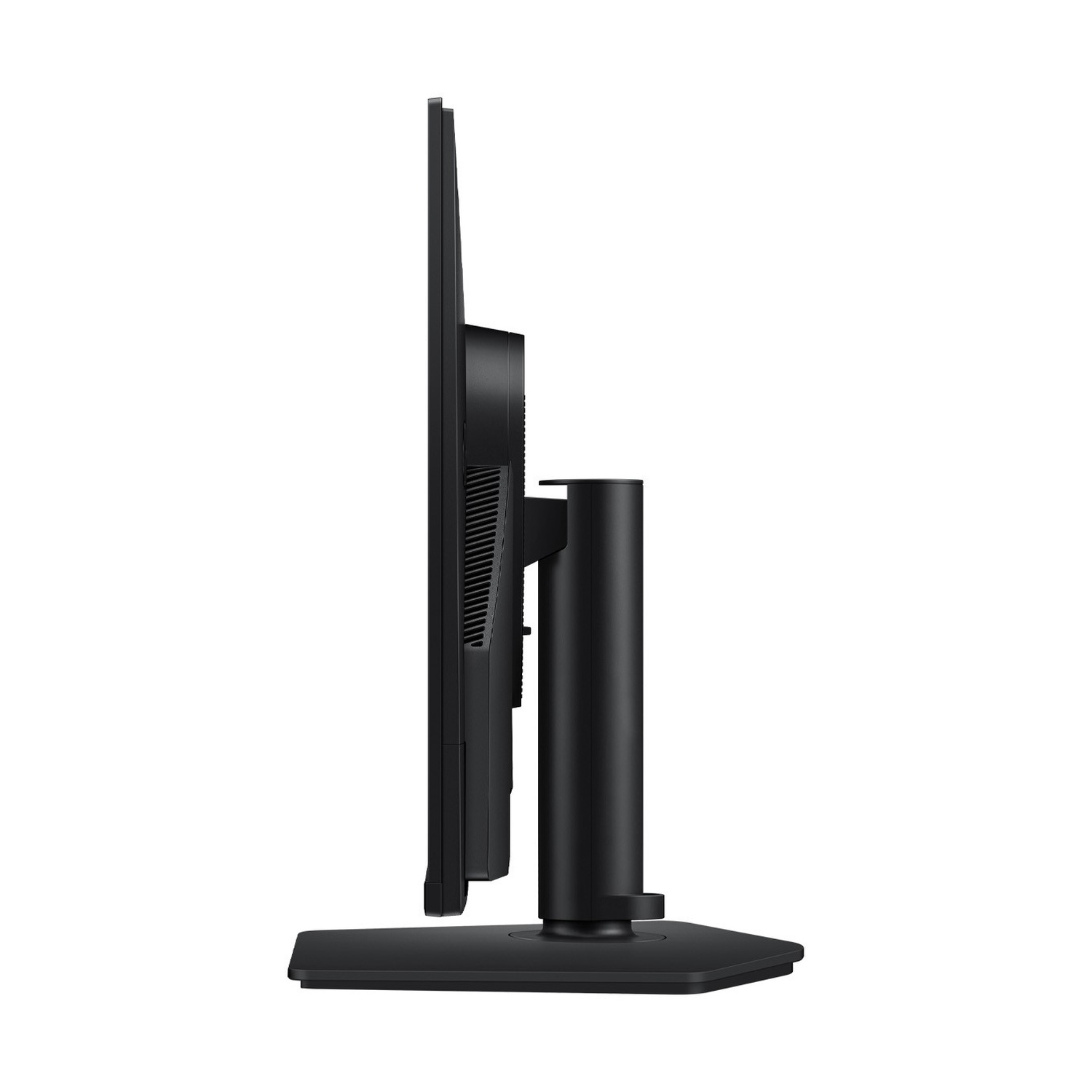 Vista laterale di un moderno monitor per computer nero su supporto regolabile con base piatta su sfondo bianco.