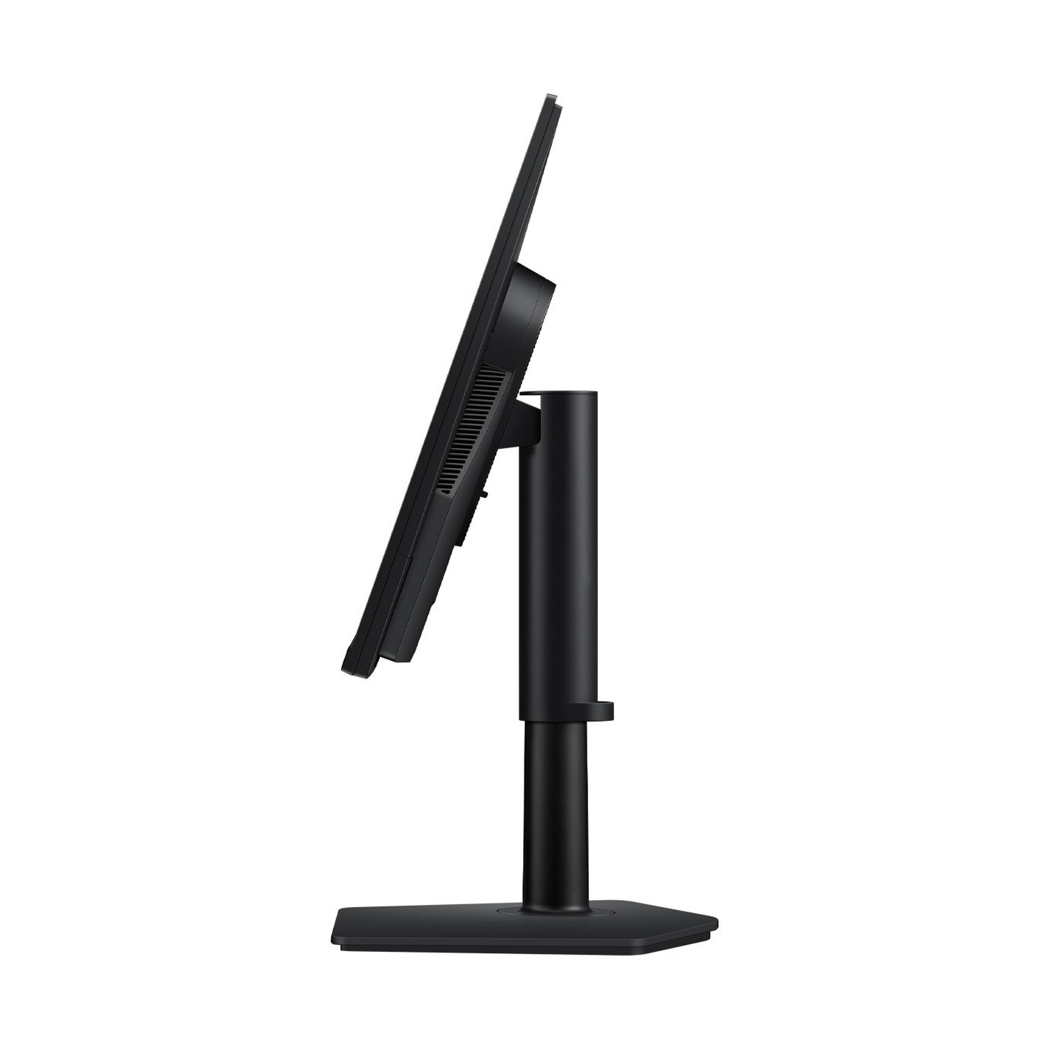 Vista laterale di un monitor per computer nero su supporto regolabile su sfondo bianco.