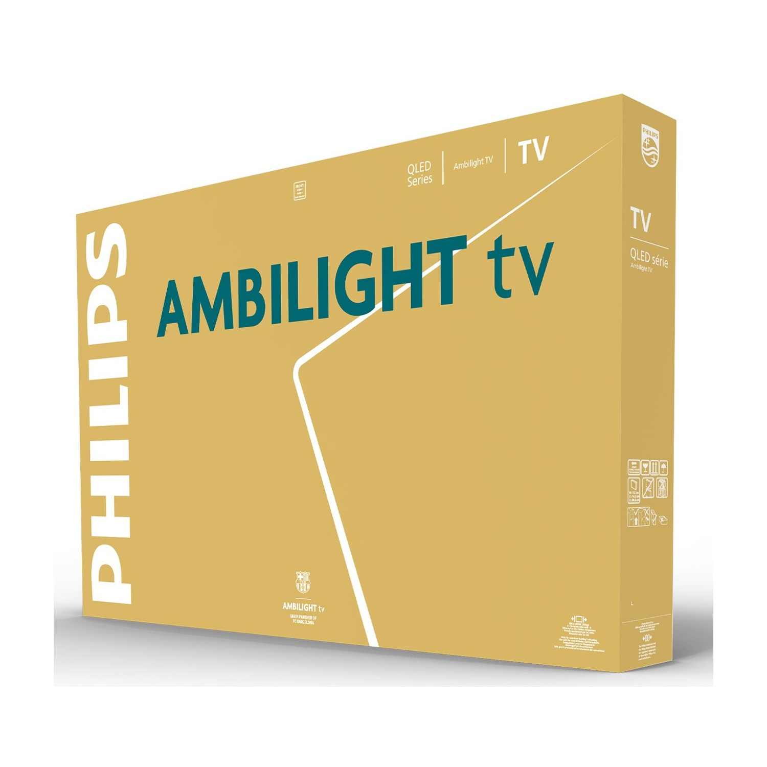 Confezione TV Philips Ambilight color oro con scritte verdi e linee bianche.