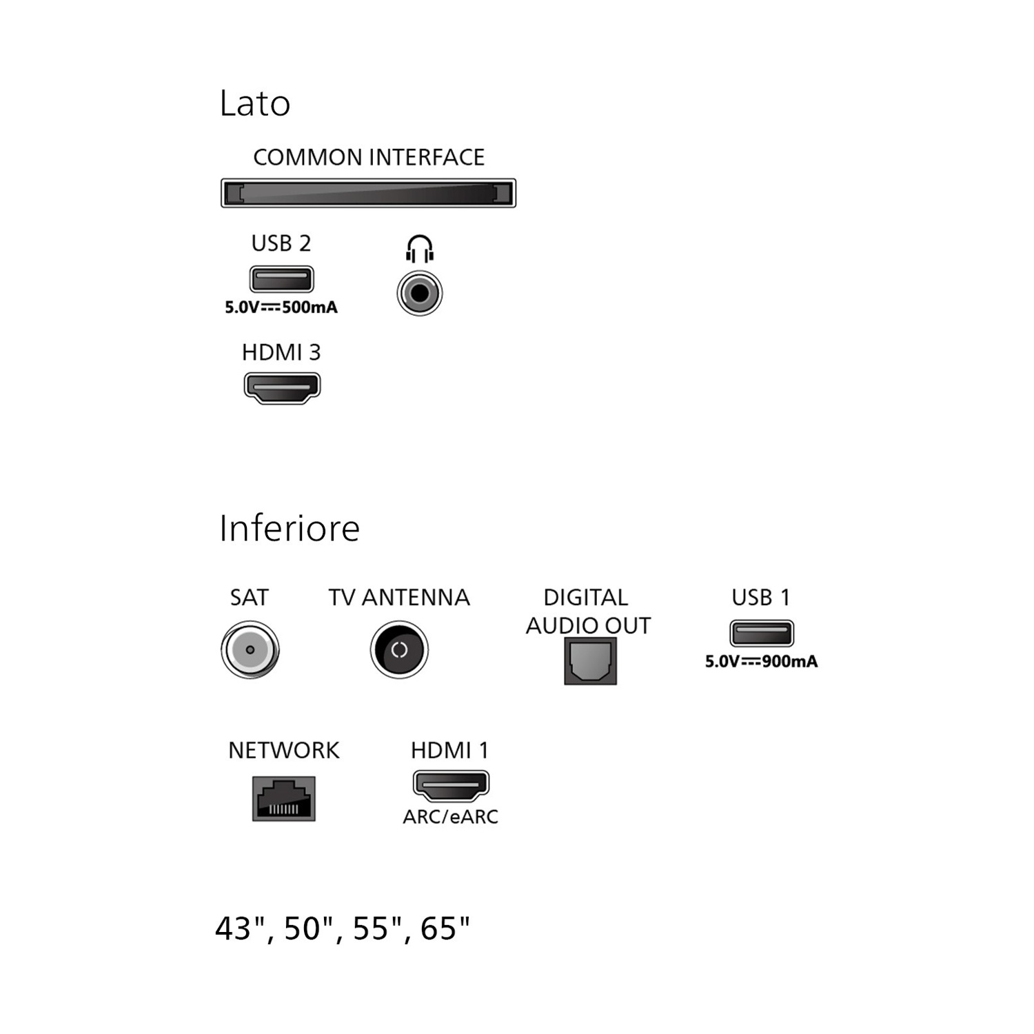 Schema delle porte TV: USB, HDMI, audio, rete e antenna per varie dimensioni dello schermo.