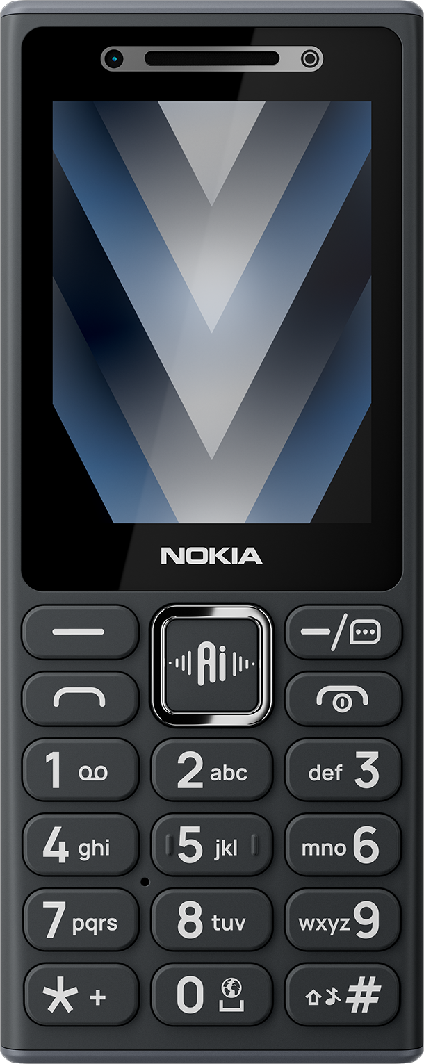 Egy szürke Nokia nyomógombos telefon kék chevron mintás képernyővel és egy központi Ai gombbal.