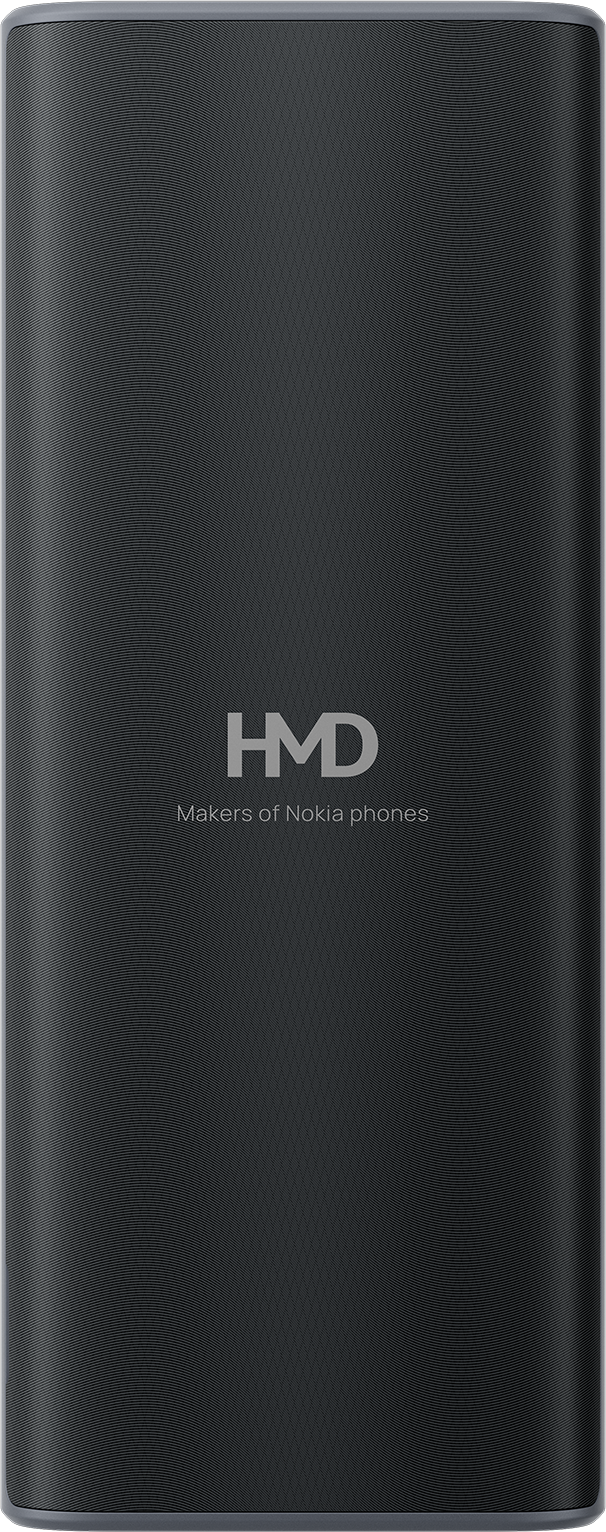 Sötétszürke hátlap finom vonalmintával és a középen elhelyezett HMD logóval, a Makers of Nokia phones felirattal.