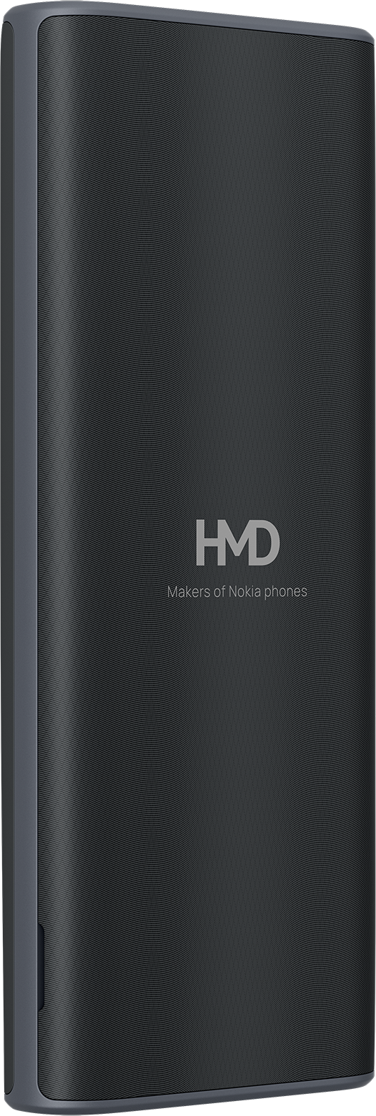 Sötétszürke külső akkumulátor HMD logóval és a Makers of Nokia phones felirattal.