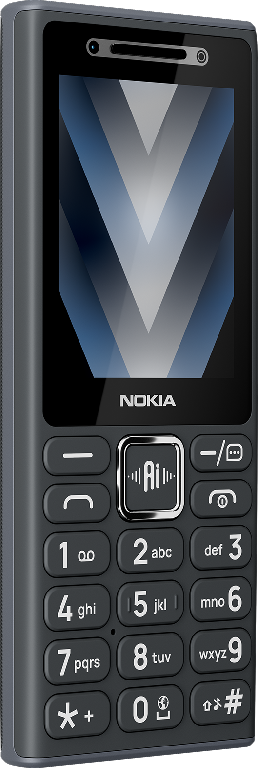 Szürke Nokia gombos mobiltelefon kijelzővel és billentyűzettel.