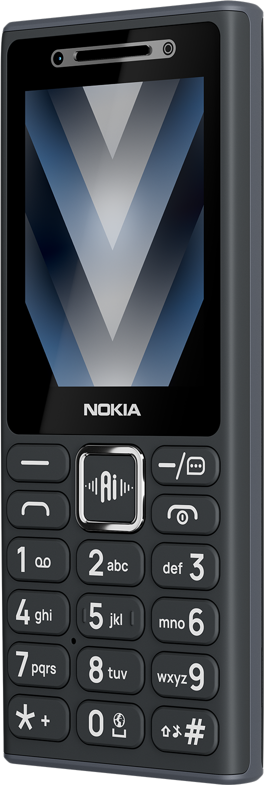 Egy szürke Nokia gombos telefon képernyővel és fizikai billentyűzettel.