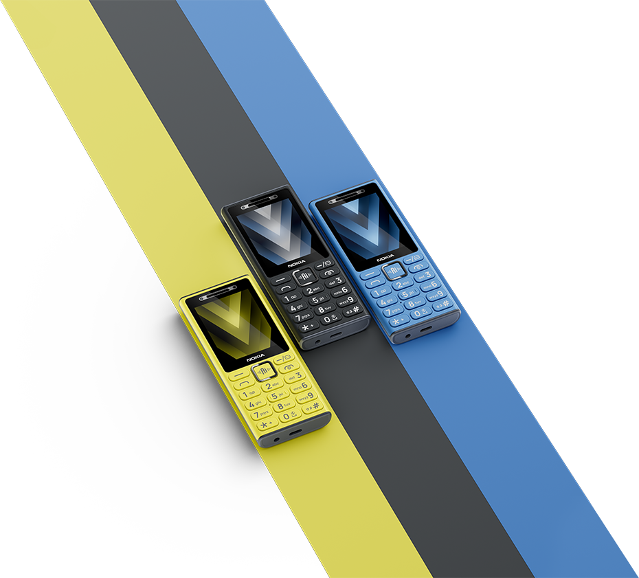 Három sárga, szürke és kék Nokia telefon átlós színes sávokon fekete háttér előtt.