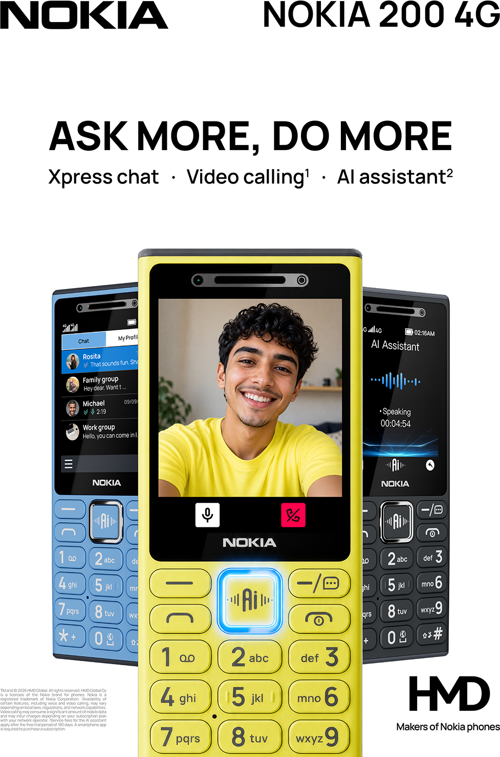 Nokia 200 4G telefon egy férfival a képernyőn, kék és fekete változatok közepén.