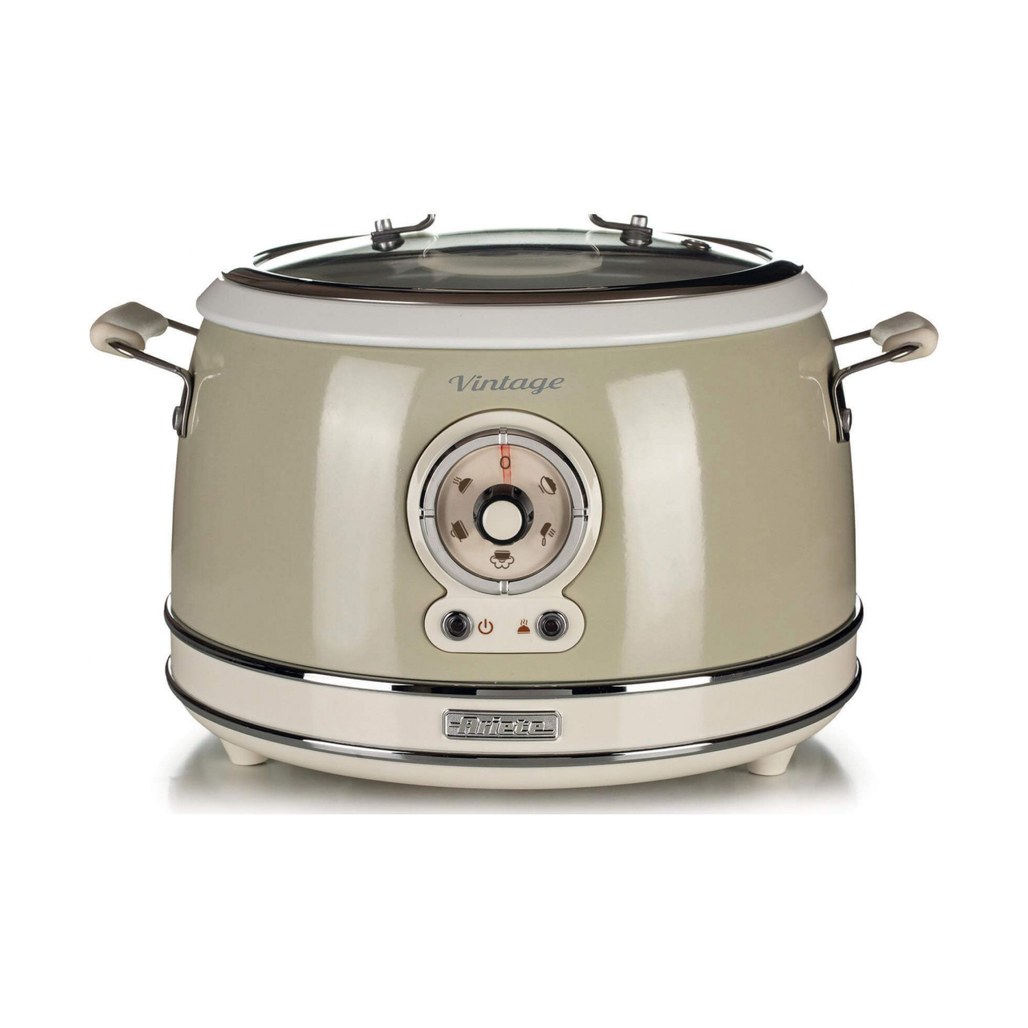 Un multicooker elettrico vintage beige con coperchio in vetro, maniglie laterali e manopola di controllo centrale su sfondo bianco.