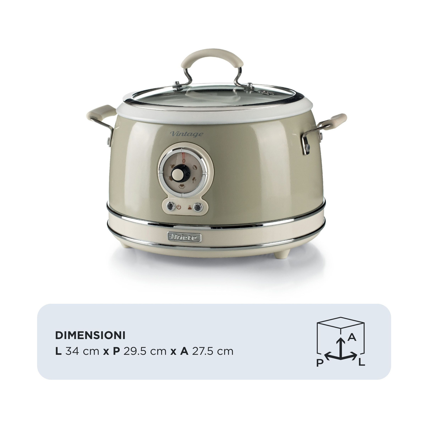 Slow cooker beige Ariete Vintage con coperchio in vetro e dimensioni 34x29,5x27,5 cm.