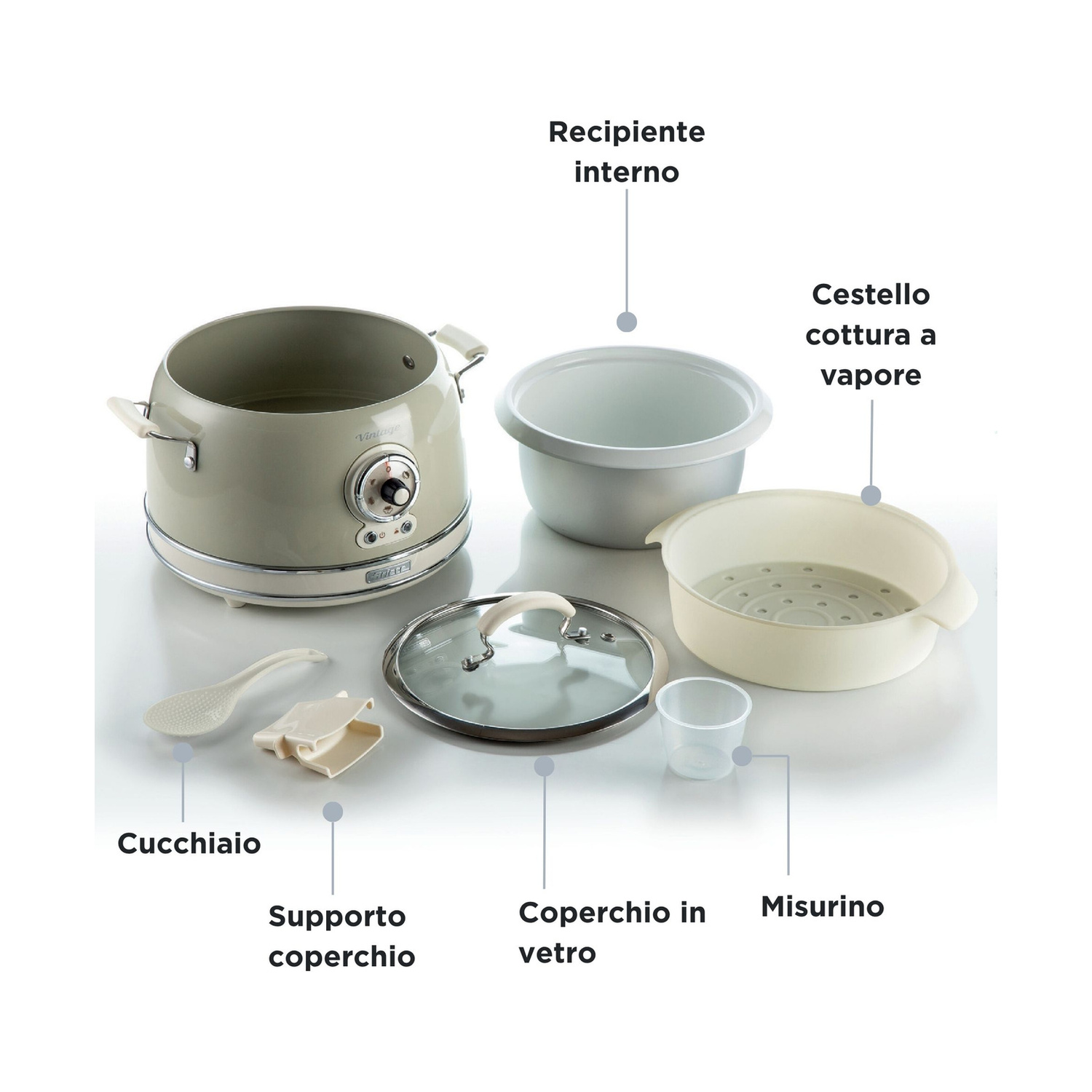 Cuociriso beige con parti smontate tra cui recipiente interno, cestello vapore, coperchio in vetro e accessori.