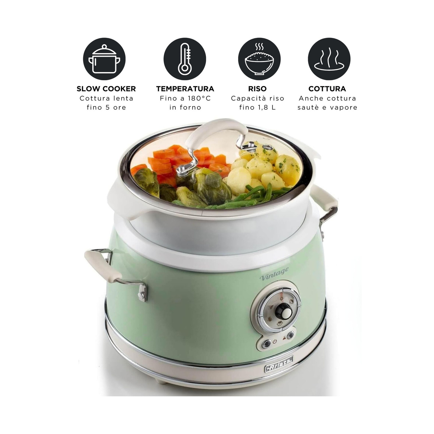 Un multicooker verde menta pieno di verdure, con quattro icone di funzione sopra.