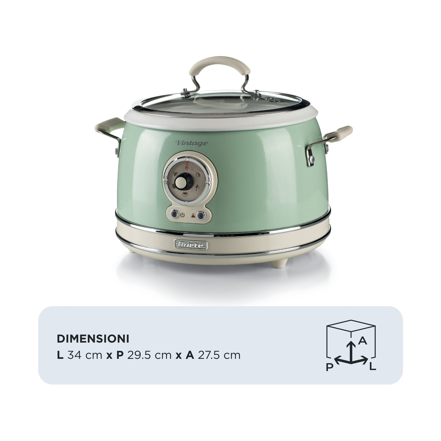Un multicooker Ariete Vintage verde menta con coperchio in vetro, 34x29,5x27,5 cm.