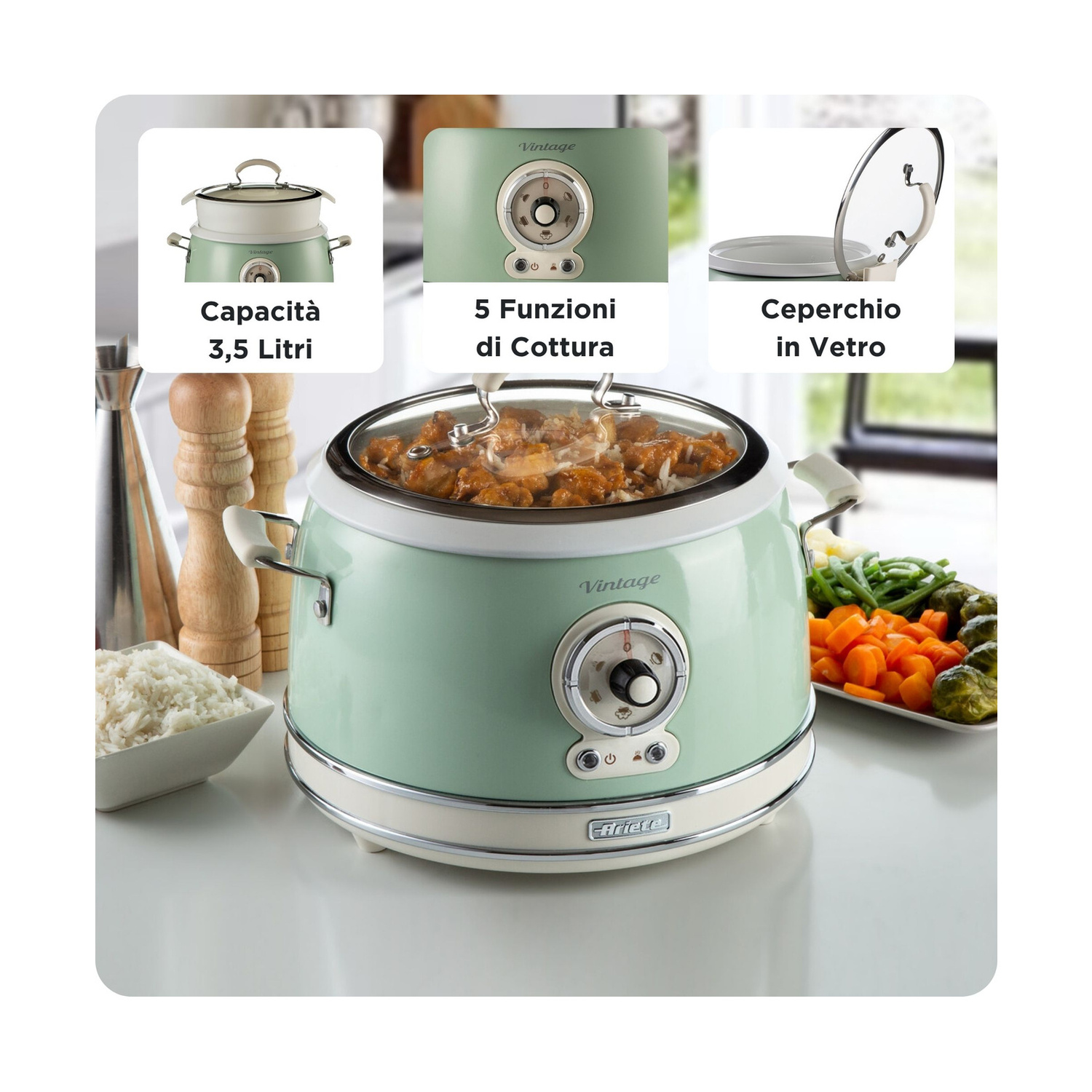 Multicooker verde con coperchio in vetro e verdure.