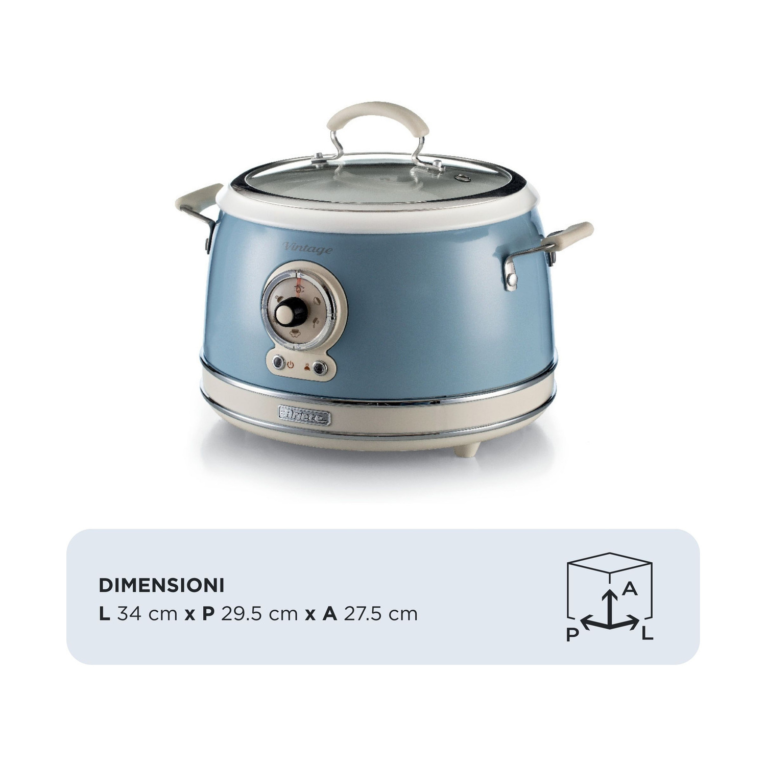 Un cuocitutto vintage azzurro e crema con coperchio in vetro e manopola, con dimensioni in basso.