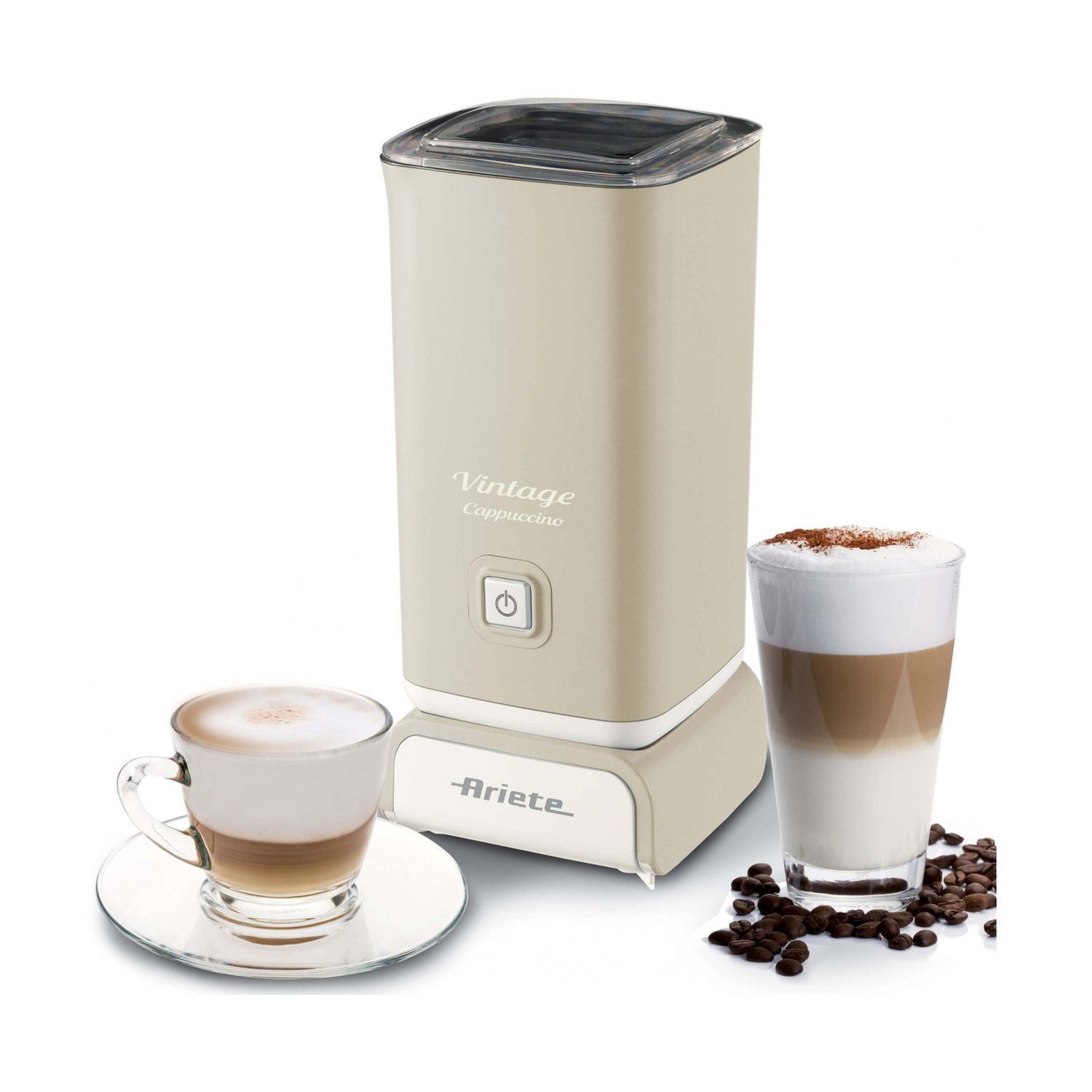 Montalatte beige Ariete Vintage con una tazza di cappuccino e un latte macchiato.