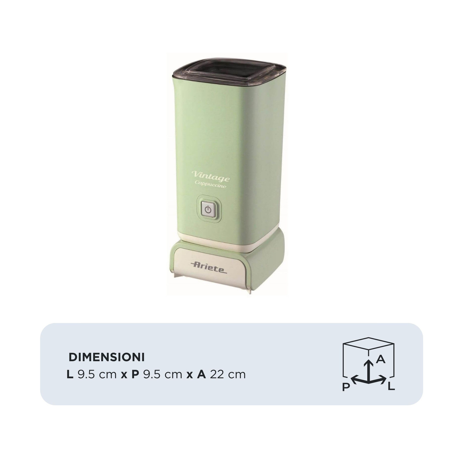 Montalatte Ariete Vintage verde chiaro con dimensioni 9.5x9.5x22 cm su sfondo bianco.