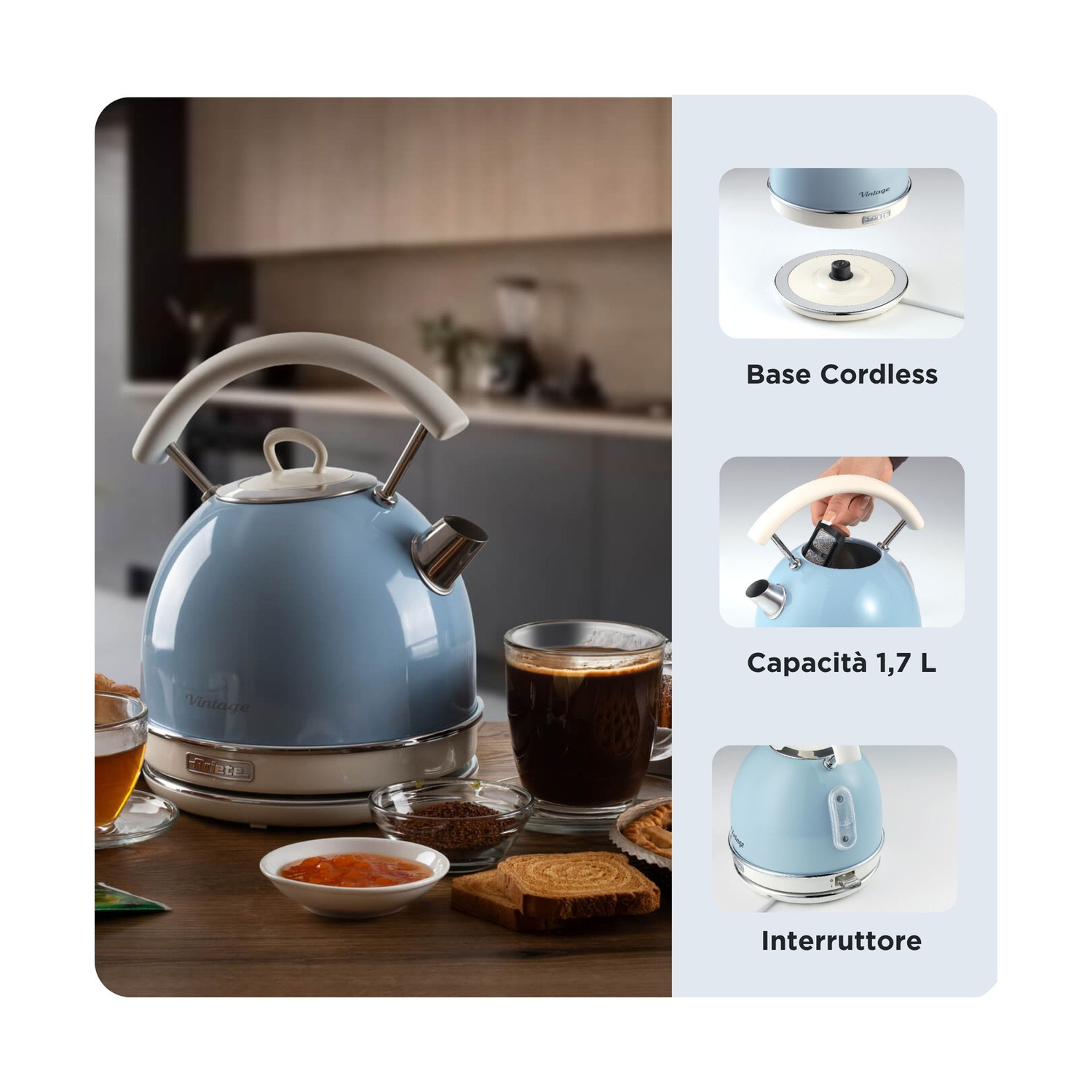 Bollitore vintage azzurro pastello con dettagli di base, capienza e interruttore.