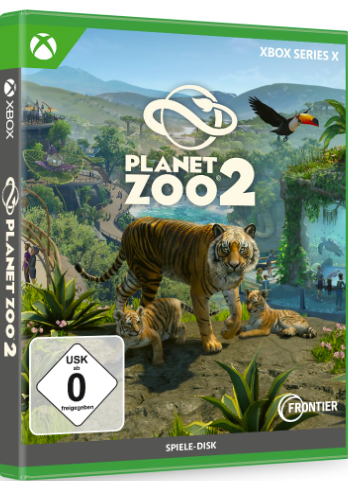 Xbox Series X Spielhülle für Planet Zoo 2 mit Tigern und einem Tukan vor einer Zoo-Landschaft.