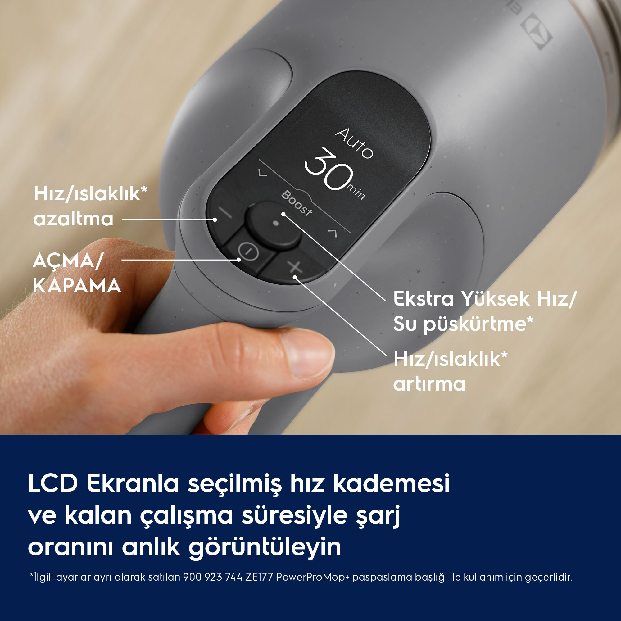 LCD ekranlı ve düğmeli gri elektrikli süpürge kontrol paneli, elde tutuluyor.