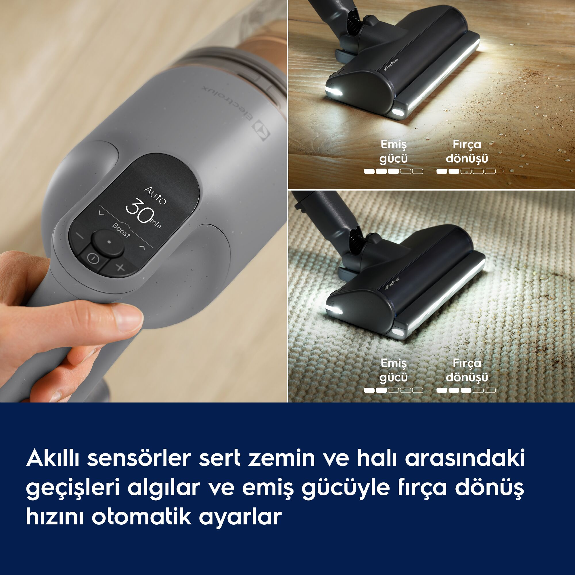 Dijital ekranlı kablosuz süpürge, sert zemin ve halıları otomatik olarak temizler.