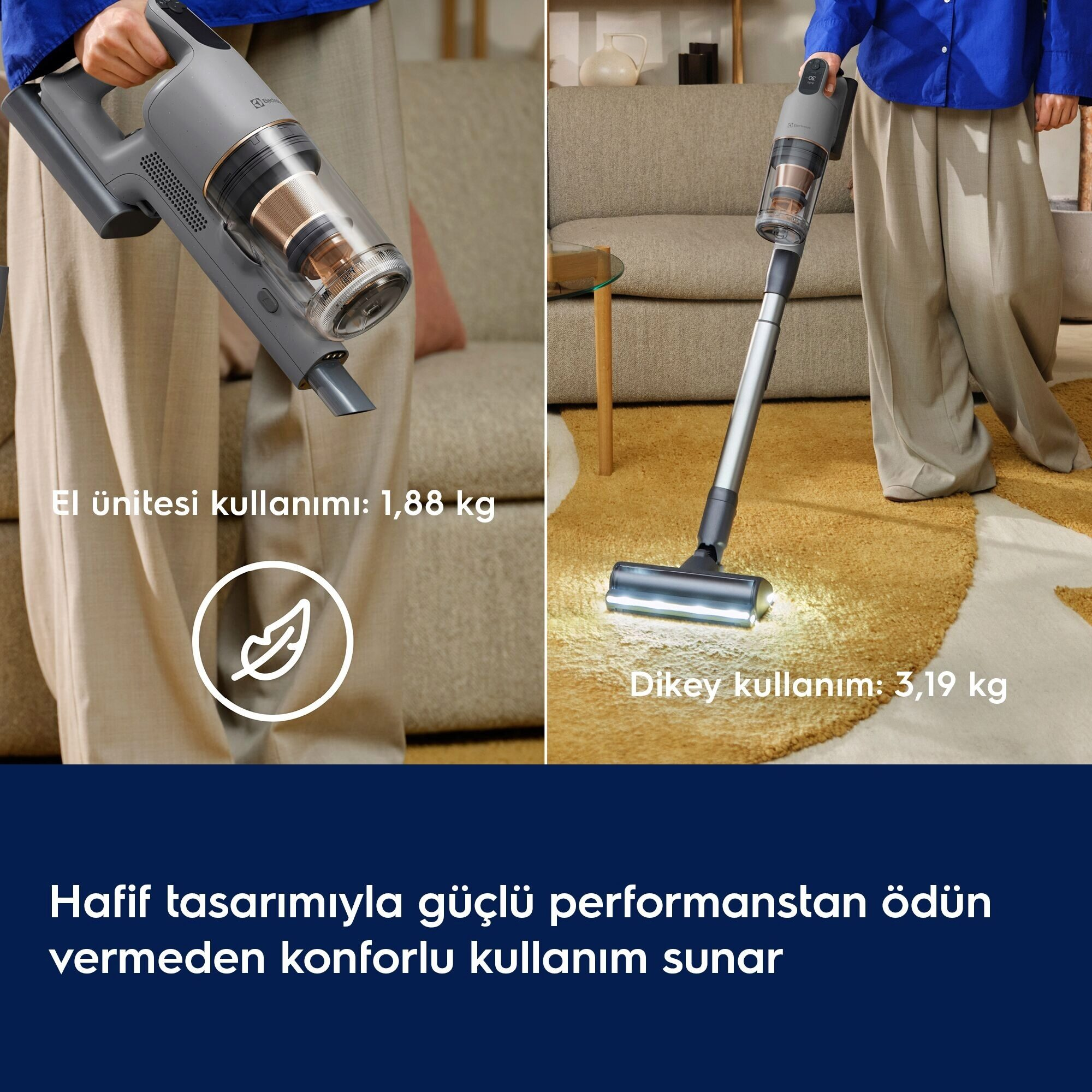 Gri renkli kablosuz şarjlı süpürgenin el tipi ve dikey kullanımı, üzerinde metinlerle.