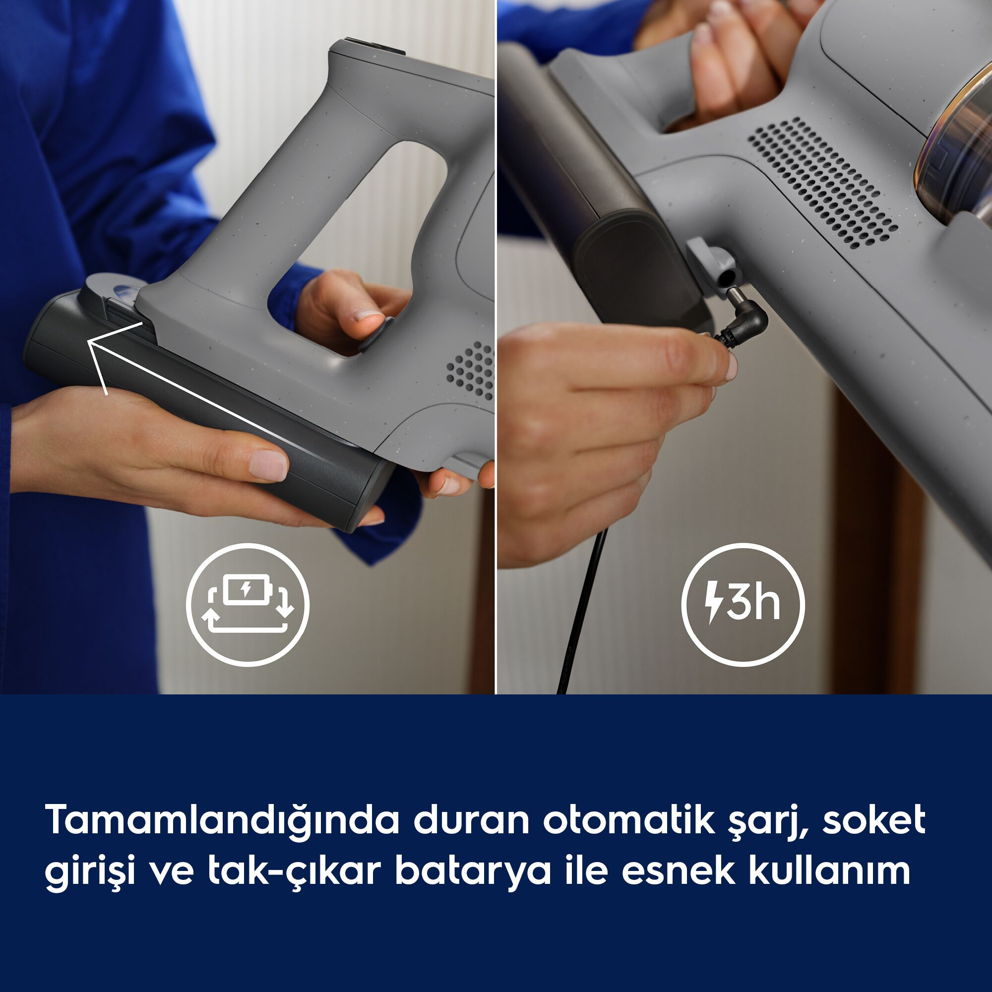 Tak-çıkar batarya, soket girişi ve otomatik şarj ile esnek kullanım.
