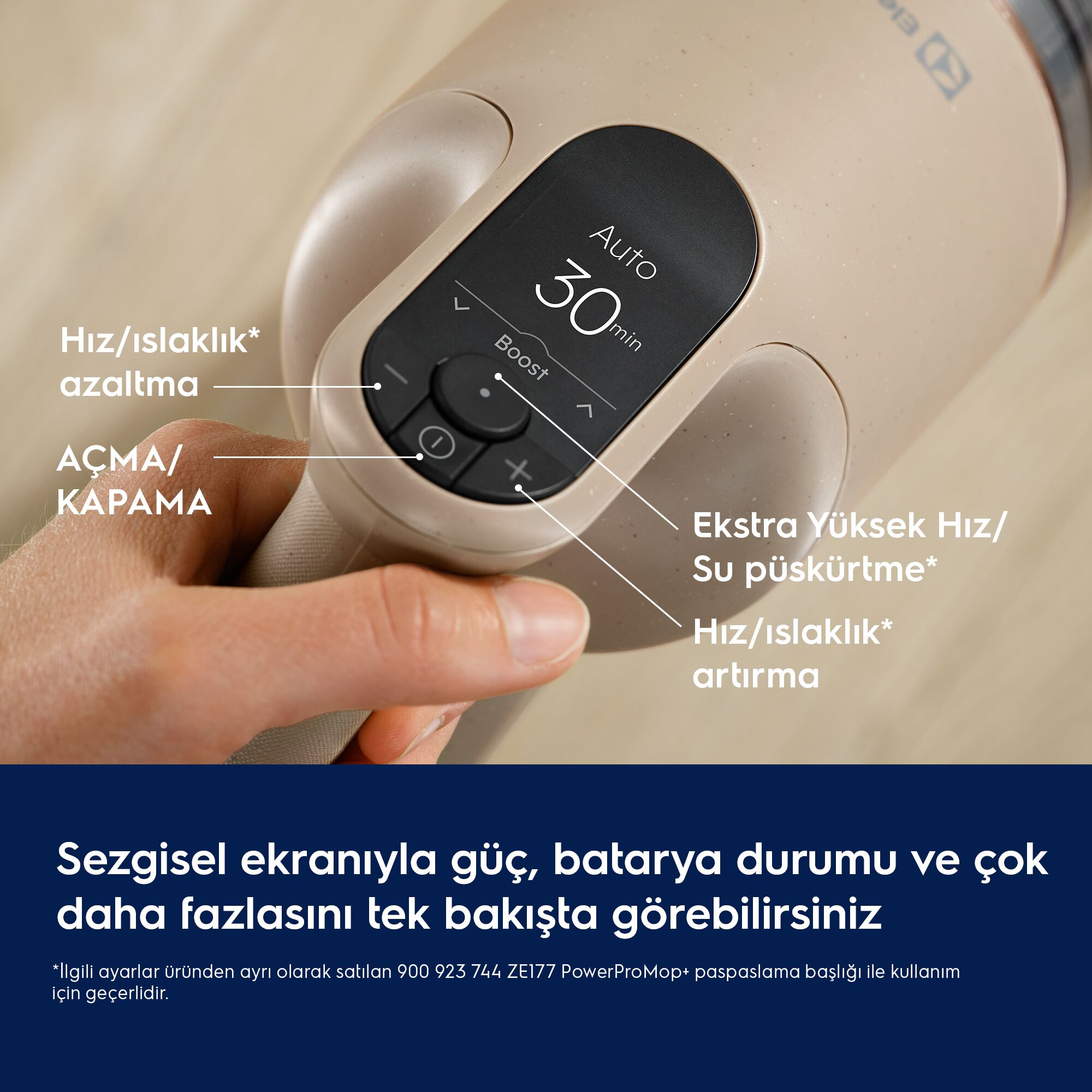 Dijital ekranli ve kontrol tuslu elektrikli süpürge sapinin yakindan görünümü, pil ve güç ayarlarini gösteriyor.